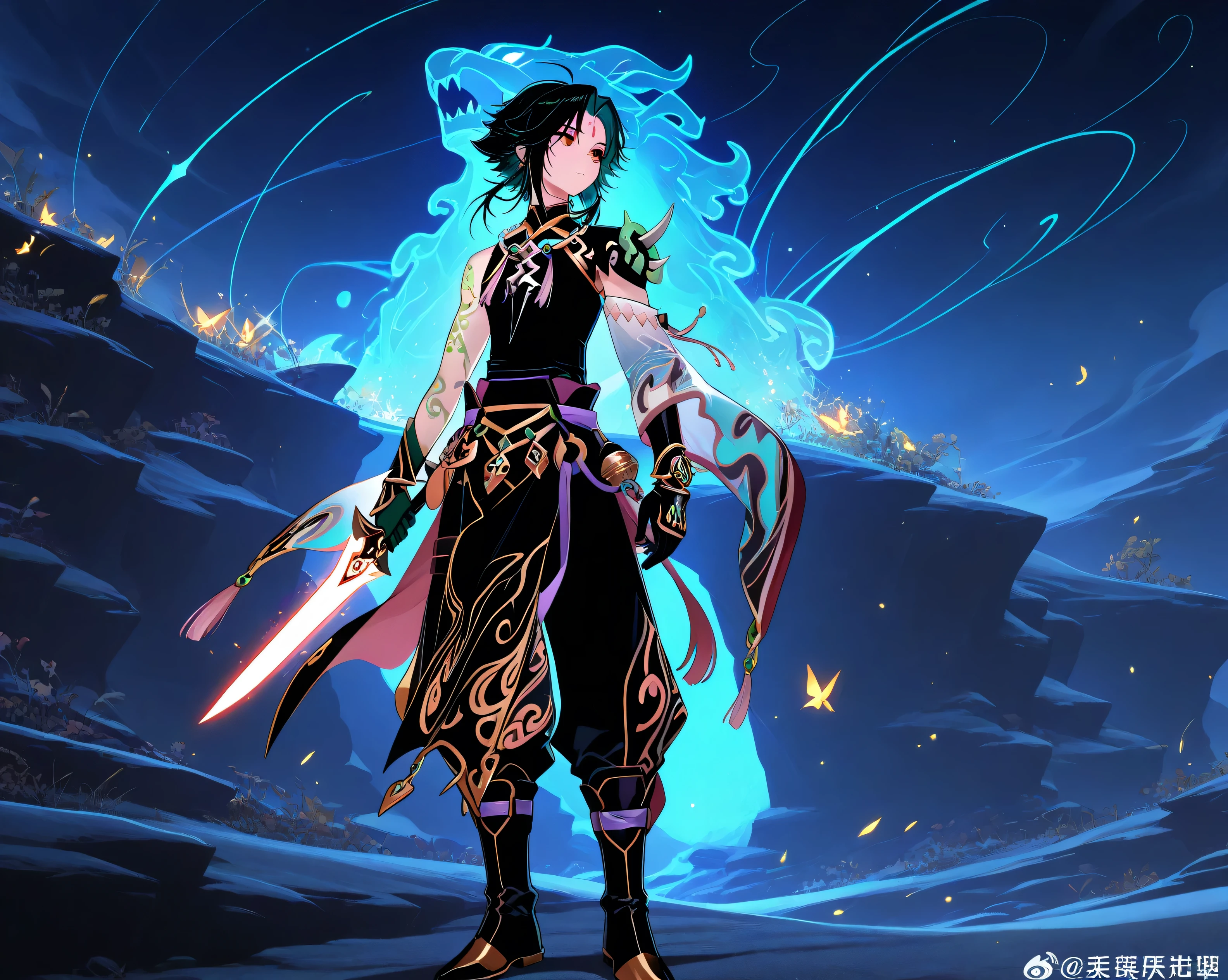 A half-demon prince, with natural skin marked by tribal symbols. white and medium hair, He wears a black tunic with red details, fitted pants, and high boots. He also wears a necklace with a crystal and enchanted bracelets. best quality, neon, full body, looking afar, hollding a dual dagger, glowing daagger white, night, 1boy, inspired by xiao, masterpiece