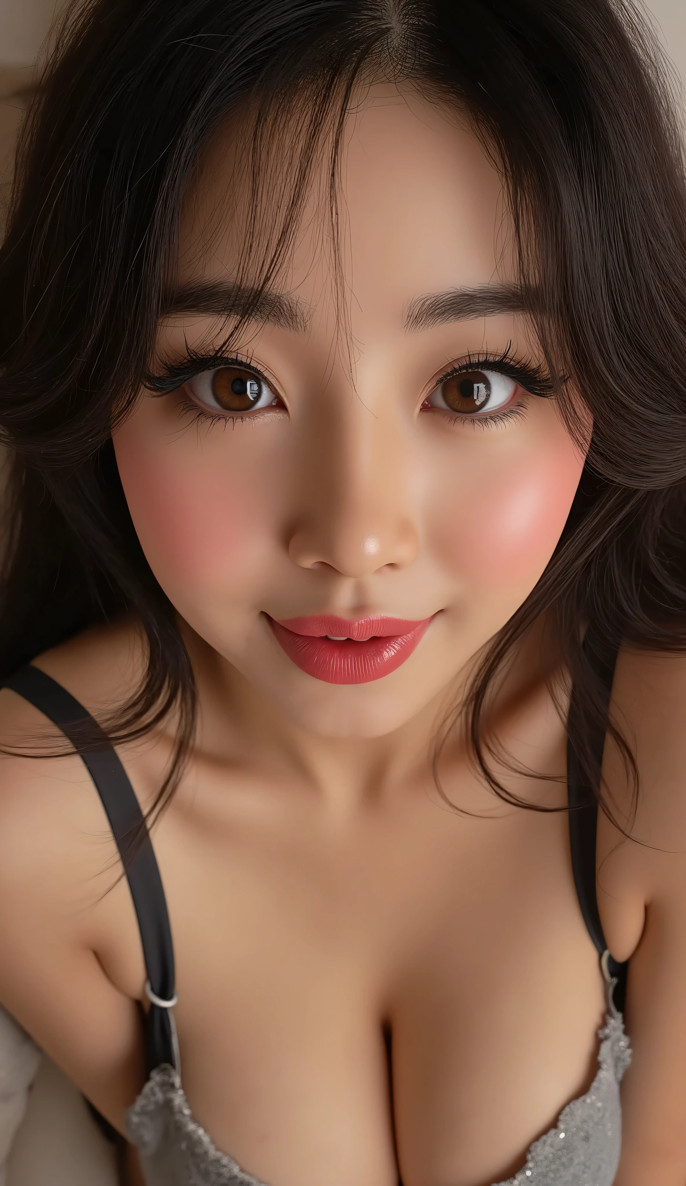 ((Best Quality, 8K, Masterpiece: 1.3)), beautiful Asian Korean e-girl streamer makeup, push-up tank top that emphasize perfect big cleavage, presenting their cleavage close to you, amazing breast enhancement, hard blush make up: 1.5, perfect long strong winged eyeliner, perfectly smoky eye shadow, perfect soft cleavage, round tongue out, perfect, chubby chin, , beautiful eyes detail, upper body composition, perfect full red lips, lively face, lustful look, perfect squeezed cleavage line, rounded cleavage line, feeling exceptionally seduced, perfection, perfect mascara, skin detail, she absolutely fucking loves showing her cleavage to you, refined eyelashes, refined eyeliner, perfect composition, looking at you from below, white highlight in eyes, begging, she's like "mhm you like my amazing breasts?”, extremely teasing, perfect soft natural like breast that gives a clear perfect soft cleavage, long eye lashes: 1.3, beautifully and perfect eye, beautiful, brown eyes, thick eye brows, smiling teasingly, ponytail