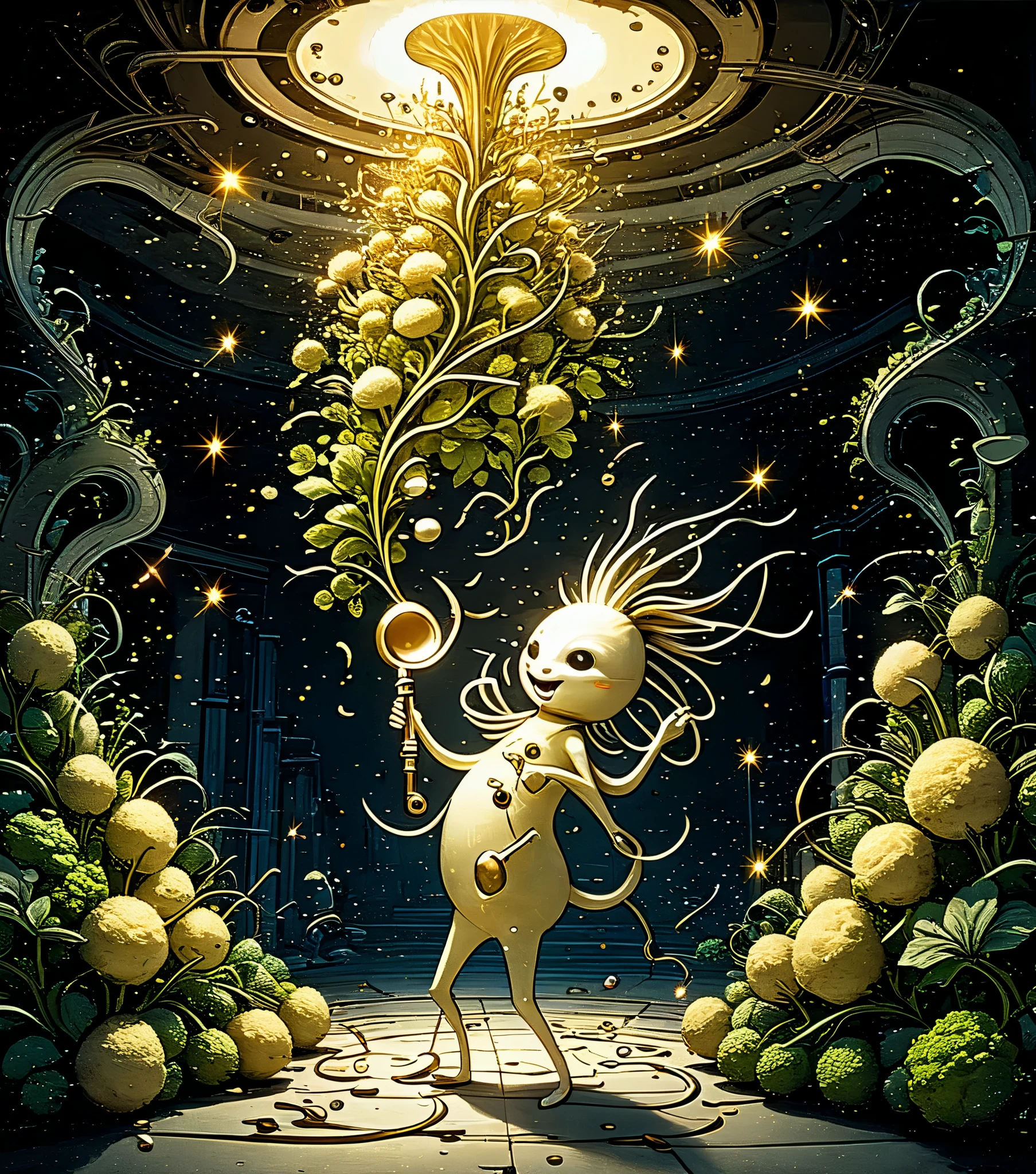 Illustration of the laboratory of the unknown, a vast underground plant laboratory, Anthropomorphic Daikons are playing the clarinet happily, (golden musical note marks flying around Daikon: 1.5), high contrast, sparkling, shining, elegant, (mysterious atmosphere), vivid contrast, precise details, high details, shining contours, precision, high quality oil painting, amazingly beautiful touch rendering,