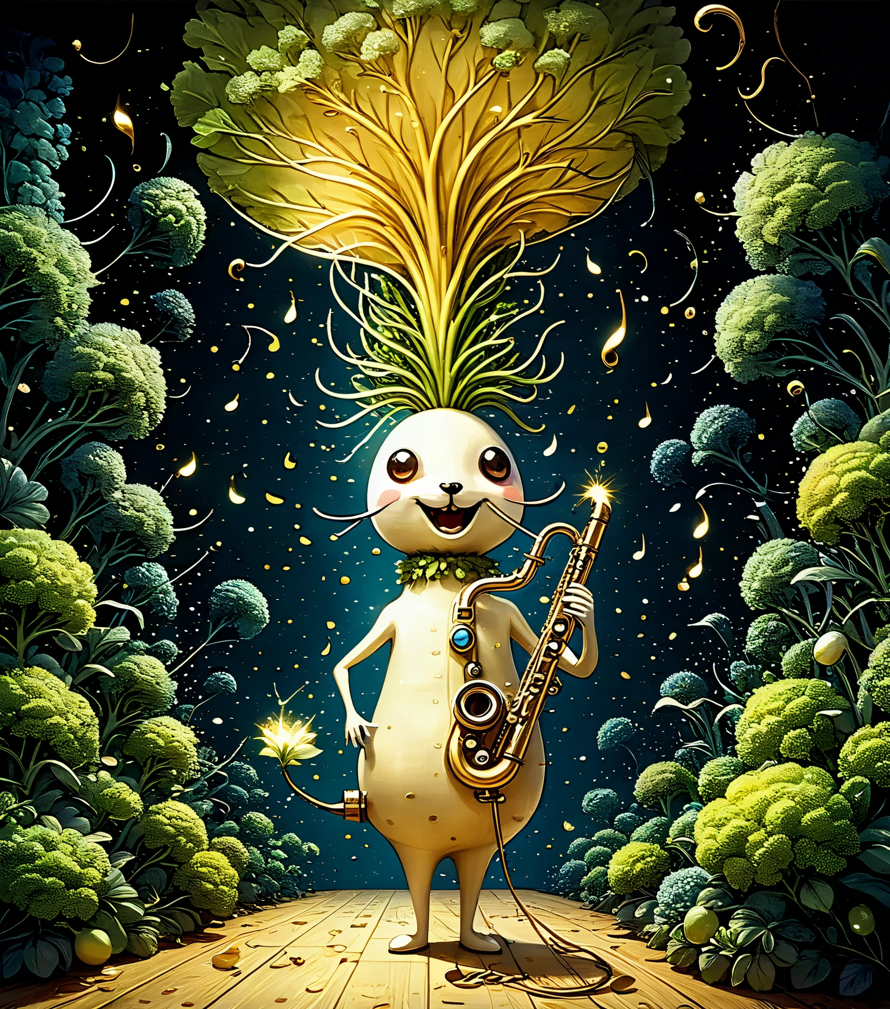 Illustration of the laboratory of the unknown, a vast underground plant laboratory, Anthropomorphic Daikons are playing the clarinet happily, (golden musical note marks flying around Daikon: 1.5), high contrast, sparkling, shining, elegant, (mysterious atmosphere), vivid contrast, precise details, high details, shining contours, precision, high quality oil painting, amazingly beautiful touch rendering,