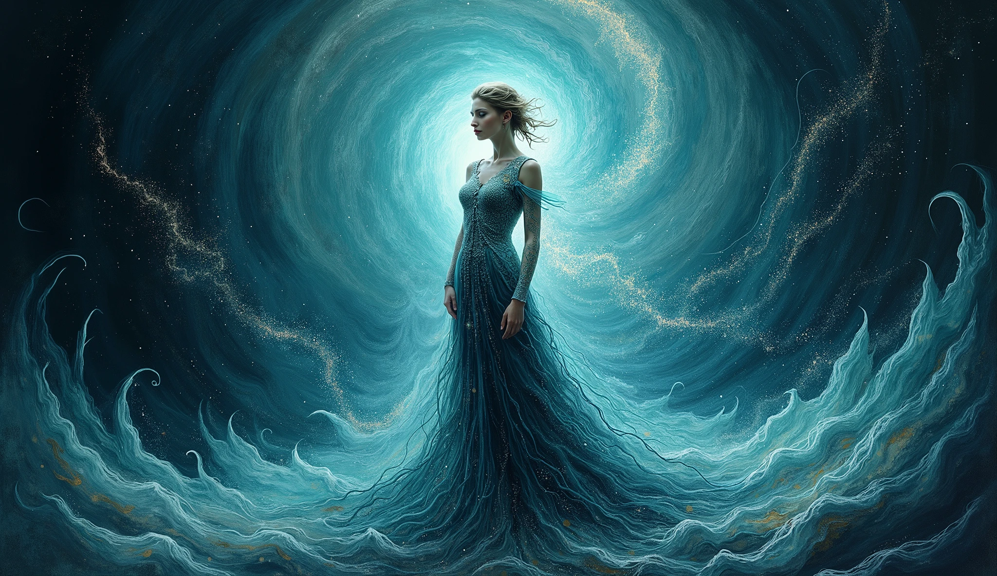 A serene, yet captivating digital artwork, blending the paradoxical harmony of chaos and order, reminiscent of the surrealist masterpieces of Salvador Dali, H.R. Giger, and Zdzisław Beksiński. A luminous, otherworldly female figure, draped in a flowing, diaphanous gown with an intricate, black and acqua pattern, adorned with mesmerizing zentangle doodles, stands poised at the center, radiating an aura of balance amidst the turmoil. Her delicate form is bathed in a soft, ethereal glow, as if illuminated by the gentle light of a thousand celestial bodies. The backdrop features a breathtaking, swirling vortex, evoking the melting, dreamlike quality of oil on canvas, with bold, vibrant brushstrokes and a predominantly matte finish, inviting the viewer to step into the realm of the surreal.