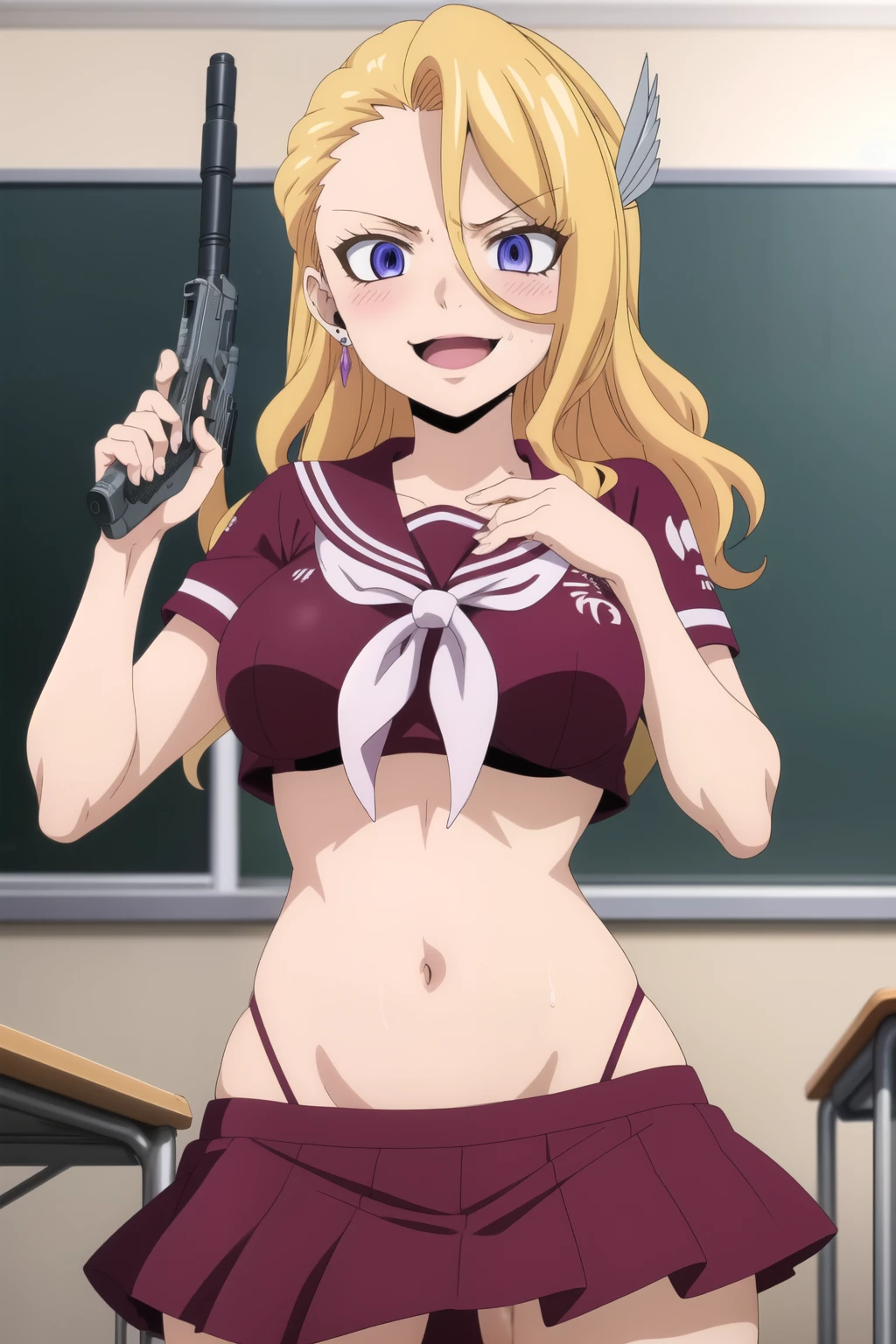 best quality, anime screencap, 1girl, solo, long hair, solo, breasts, purple eyes, blonde hair, kiria_cornsnell, , ear piercing, long hair, blush, lipstick,Hot girl, baddie, sensual, attractive ,,masterpiece, best quality, highly detailed, a anime girls in sailor uniforms with a gun posing for a picture,
evil smile, smile, open mouth,black_serafuku, ecchi anime style, anime girls , (nsfw) not safe for work,
ecchi style, ecchi, shipgirls, digital anime art!!, high school girls, holding a gun, hold a gun, anime style 4
k, micro skirt, exposed belly, exposed navel, exposed midriff, holding pistol,
exposed lower belly,school, classroom, , dragon tattoo, narrowed eyes, tattoo midriff,