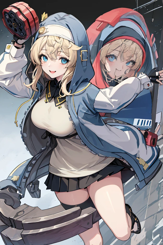 Long blonde,blue coat,Big Breasts,Open chest,Thighs,Shoulder baring,Fluffy coat,woman,Shorts,Fishnet tights,