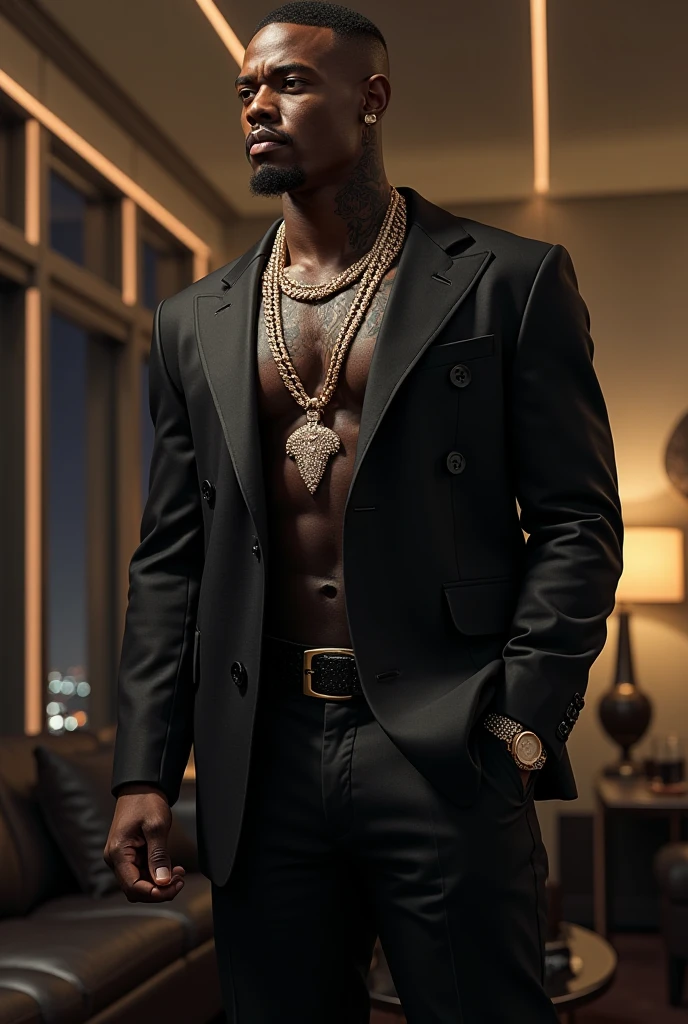 Photo of Lebron James in a sleek black and gold leather jacket that accentuates his impressive, well-defined biceps, (Tight-fitting), (Athletic physique), (Dominant presence), (Powerful athlete), (Majestic), (Detailed features), (Strong facial expression), (Glistening skin), (Exquisite texture), (Captivating portrait), (High-quality photography), (Impeccable composition), (Enhanced with vibrant colors), (Striking contrast), (Expertly captured), (Sharp focus), (Dynamic lighting), (Immersive atmosphere), (Iconic image), (Impeccable attention to detail), (Premium resolution), (Photographed with a professional camera), (State-of-the-art equipment),