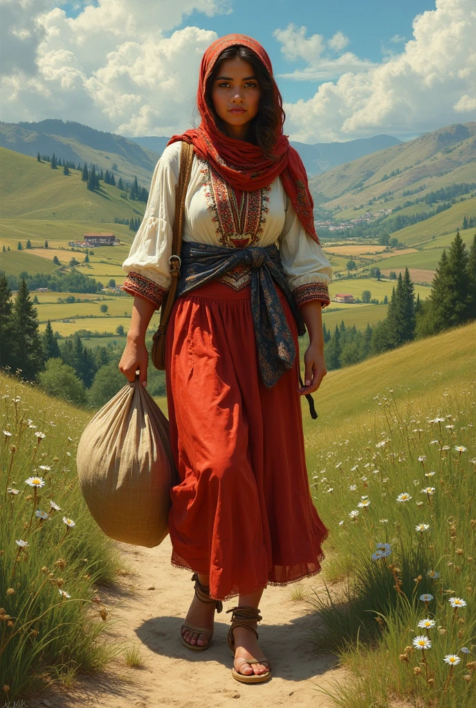 A kurdish young women in village carrying a big bag on the farm she ...