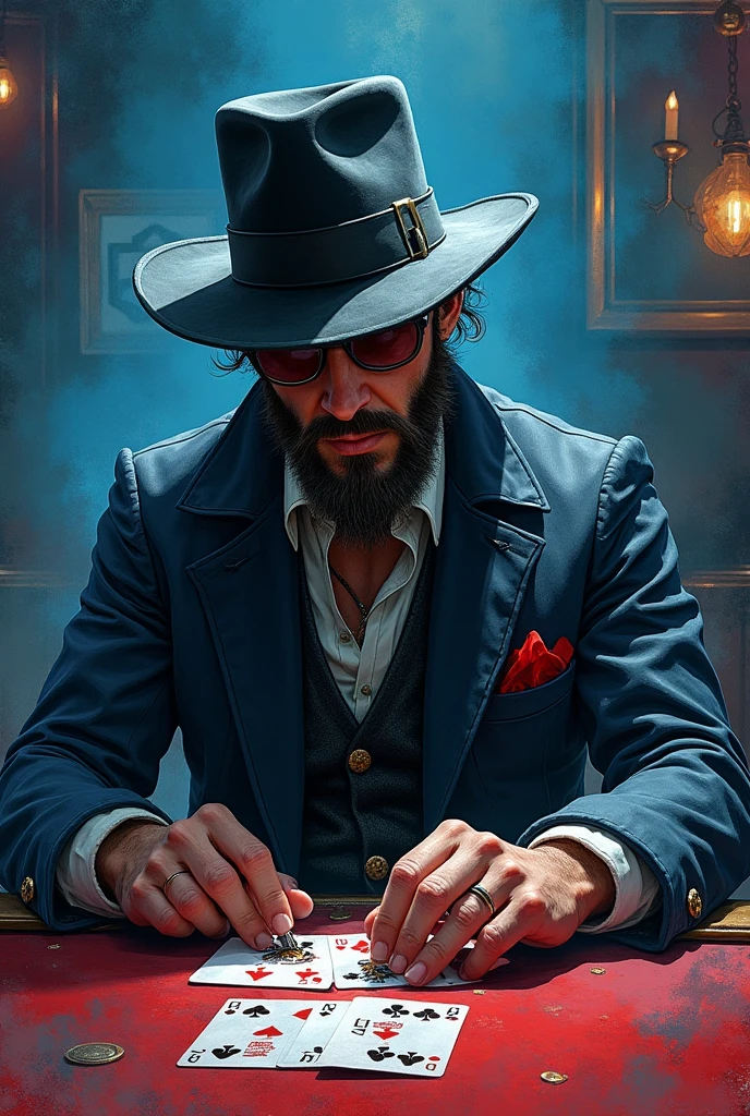 black hair man, emotional, with One Piece cards in hand, a short black beard, glasses to see and a wine red hat, a sticker-shaped image of the word KAMONES
