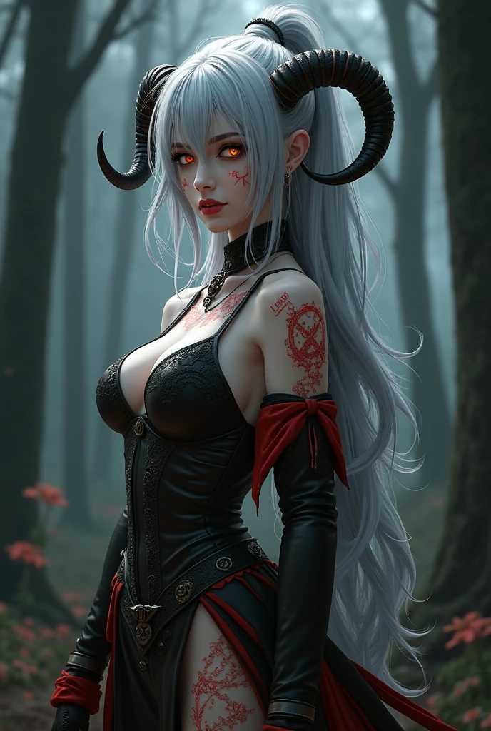 photograph of a female demon, very pale white skin, black horns, (white hair:1.3), (red  hair:1), detailed graveyard in background, perfect face, perfect eyes, detailed face, intricate details, masterpiece, cinematic, raw photo, realistic, horror theme