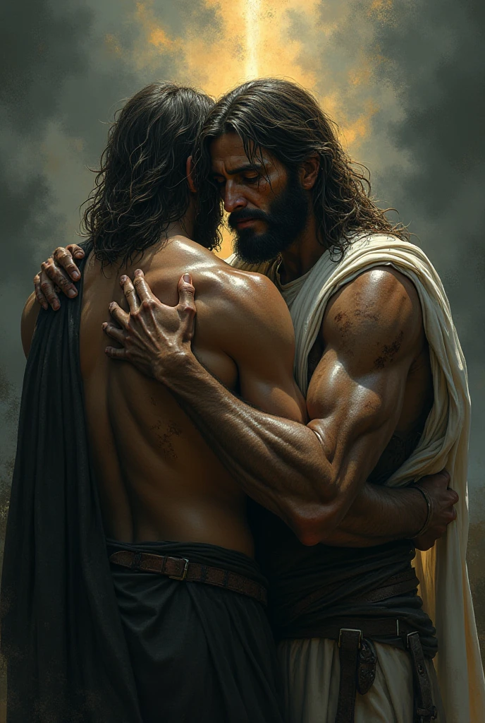 Oil painting, classic period style, neoclassic, ((two attractive Males)), male, intimate, hugging from the back, kissing on neck, Roman men, lovers, mythology, full beard, abs, chest centered, full body, perfect composition, muted colors, ((landscape background)), canvas texture, old painting, Fairy tale, Camelot, ((nude)) pre-Raphaelites, Frank Diksee, Edward Burne-Jones, Waterhouse. LEYENDECKER.