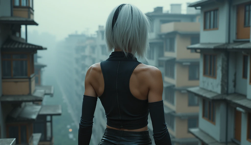 (nsfw:1.3), masterpiece, Best Quality, hyper Realistic, A mysterious and sophisticated beautiful young gravure Japanese woman with blue eyes wears futuristic and sexy fashion art. back shot, focus ass, from below, Detailed clothing, woman is climbing at a wide angle, with her full body in frame. (huge Round and Plump Muscular buttocs), Sensual curve, sexy oily skin, sexy large breasts, slim waist, Her outfit includes see-through BLACK micro under wear with multiple elastic black Thin harnesses designed underneath, t-back shorts,adding a minimalist beauty. She accessorizes with futuristic accessories and wears technical sneakers. Her demeanor exudes harmony and striking simplicity, The wear hugs her body tightly, accentuating her curves and digging sensuously into her skin, hyper small head and face, wide and big Duck mouth, half open mouth, perfectly aligned teeth, perfect beautiful wide teeth, Detailed eyes, light blue eyes, half open eyes, shiny Droopy eyes, gray hair, looking other, She is situated within the interior of a futuristic colony, with mist drifting and steam rising from concrete