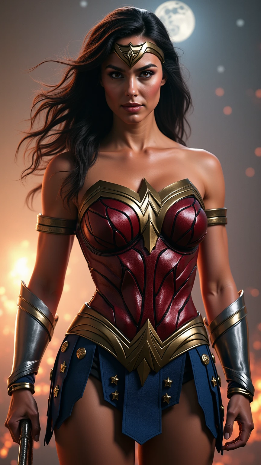 Cinematic soft lighting illuminates a stunningly detailed and ultra-realistic Wonder Woman bodybuilder, muscular, red and blue armor that is trending on ArtStation. Octane is the perfect tool to capture the softest details of this 16k photography masterpiece