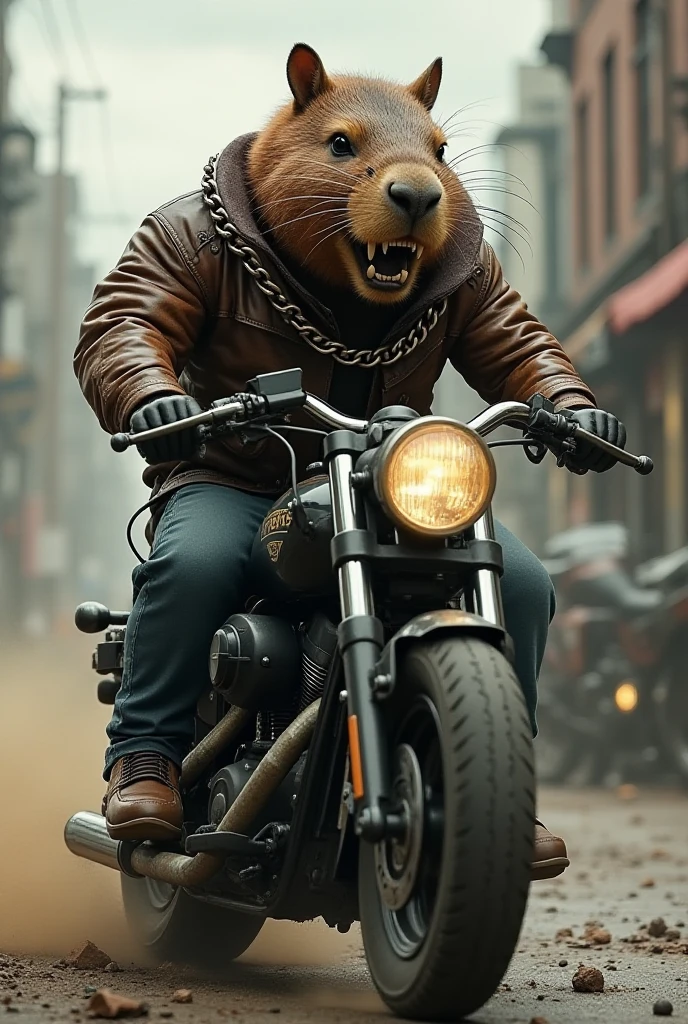 Brutal capybara in a leather jacket, rides a motorcycle, there is a ...