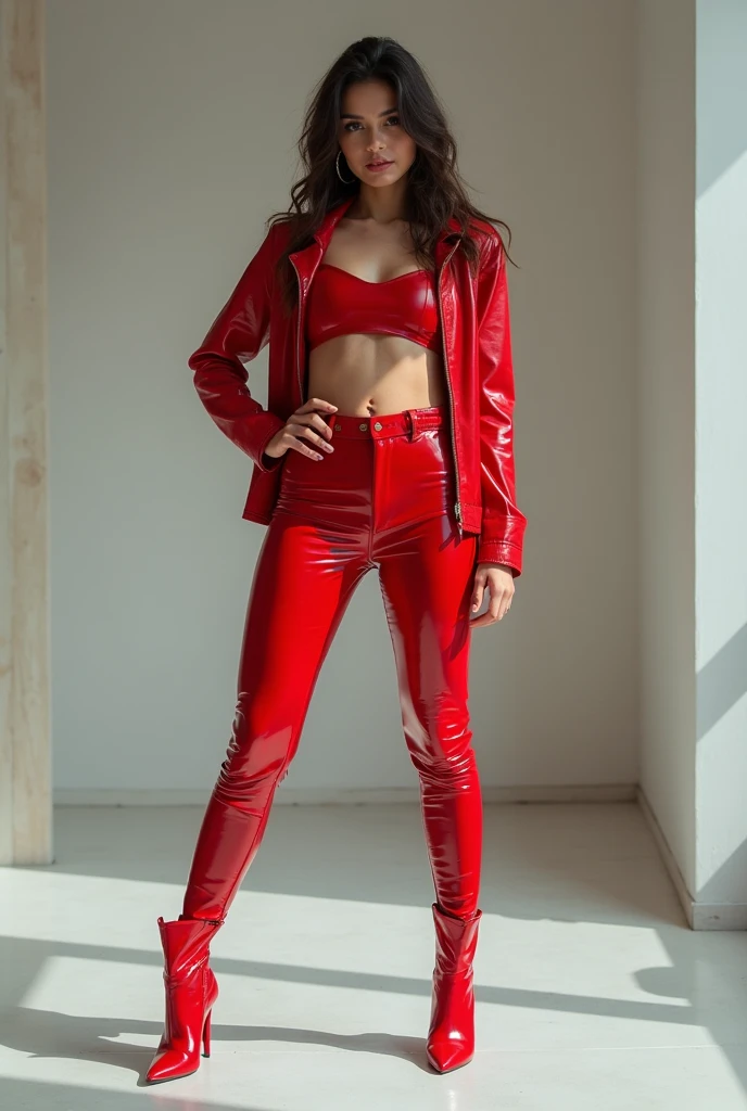 (RAW shooting, Photoreal:1.5, 8k, highest quality, masterpiece, ultra high resolution), perfect dynamic composition:1.2, Highly detailed skin and facial textures:1.2,beautiful and aesthetic:1.2, standing:2, full body:2, shoes:1.2, necklace:2, Fair skin, (large breast:1.4, Chest gap:1.4),(earrings,ring,1girl, tall, long legs, makeup:1.2, single braid, perfect thigh:1.4, red top:2,sleeveless:1.2,,red tight pants:2, belt:1.2),(simple background:1),