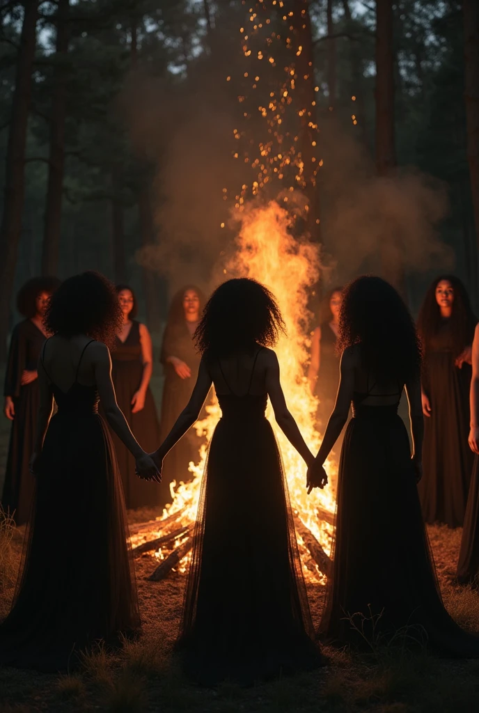 (photorealism:1.2) 4 african woman, black tulle, jovial laughter, Sailor Moon Hairstyle, long curly wavy black hair, drinking alcohol from a glass cup, cemetery swamp jungle, Hands with blood, sexy trident dress , smoking, red and black cape , queen, fire,