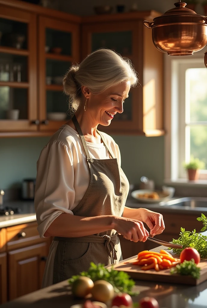 Middle-aged European woman,In bright kitchen,rays of sunshine,Presentation with walnut cutting board in hand,ssmile,