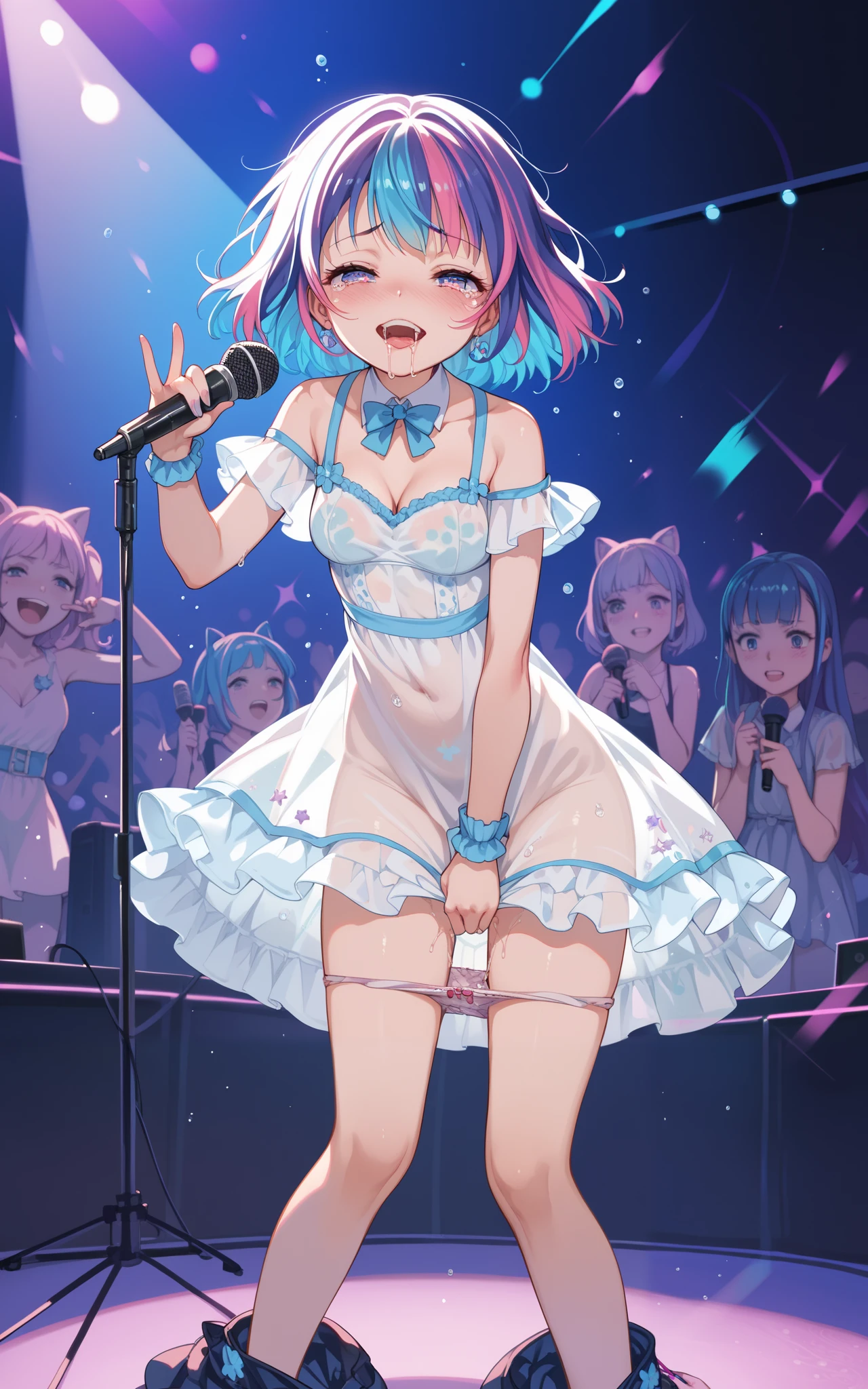 One girl、Being made a laughing stock on a bright stage、Dancing completely naked、Feeling embarrassed、Are crying、tongue、Light blue hair、Standard bust size、Nipples、Pussy、Fluid spurting out from between her legs、Wearing a flower ornament on her head、Being watched by a large crowd below the stage