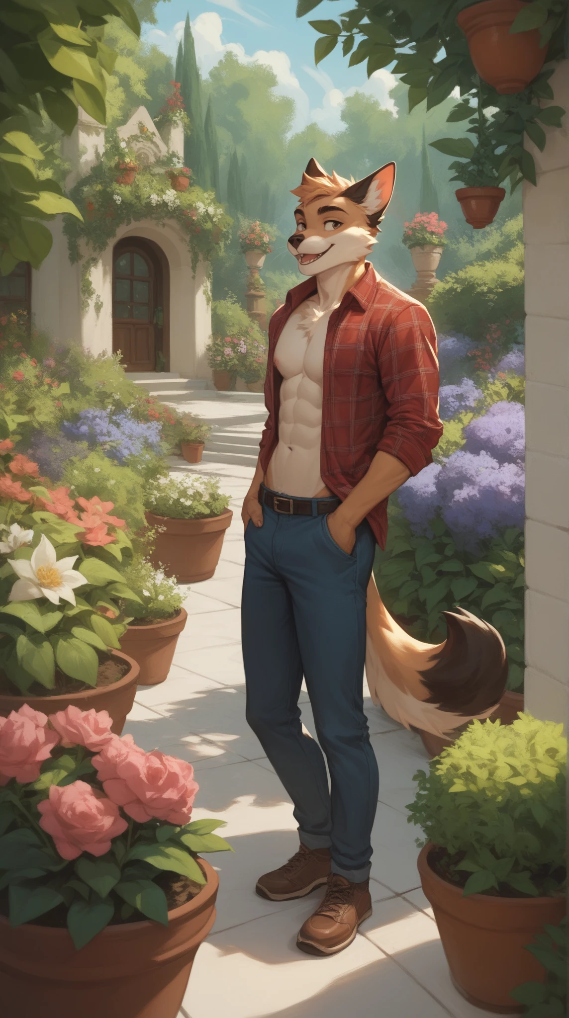 realistic, ubbp, fur, high quality, ultra romantic setting, Fox McCloud in leather [male], solo, cropped black leather jacket, white undershirt, [ultra high-definition stomach][stomach focus], gorgeous stomach, realistic blue eyes, fit and lean body, high resolution, tight leather pants, side view, sunny, afternoon, clear sky, flourishing garden, seductive look, cute butt, holding rose, blushed cheeks, combed hair, fox tail