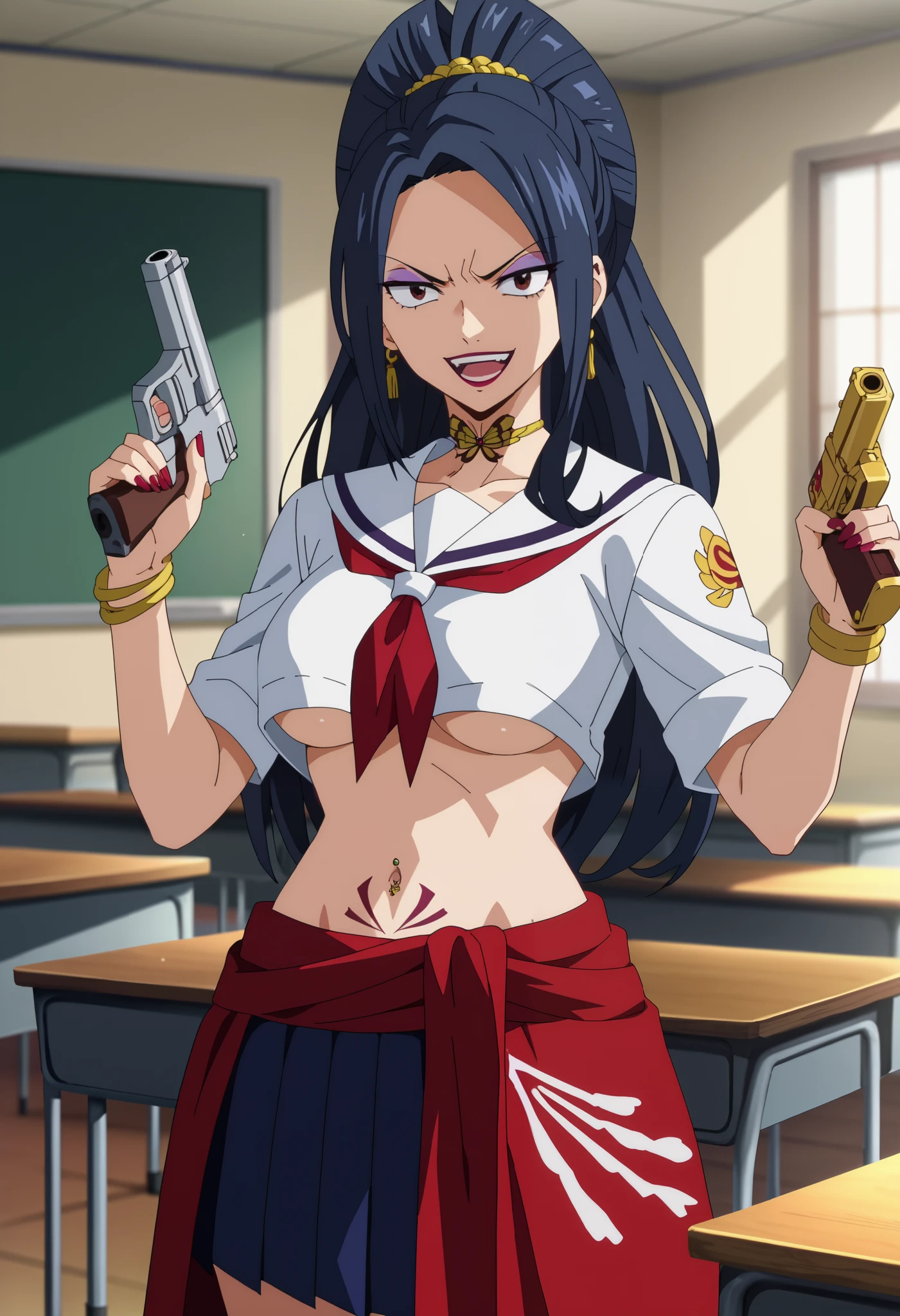 score_6_up, score_5_up, score_4_up, score_9, score_8_up, score_7_up, highly detailed, anime_source, anime_screencap, anime coloring, 1girl, solo, medium breasts, black hair, long hair, straight hair, brown eyes, jewelry, makeup, lipstick, eyeshadow, kurenai_kogetsu, , ear piercing, long hair, serious, lipstick,Hot girl, baddie, , sensual, attractive ,masterpiece, best quality, highly detailed, a girl in sailor uniforms with a gun posing for a picture,
evil smile, smile, open mouth,black_serafuku, , (nsfw) not safe for work,
ecchi style, ecchi, shipgirls, , high school girls, holding a gun, hold a gun, , micro skirt, exposed belly, exposed navel, exposed midriff, holding pistol,underboob,
exposed lower belly,school, classroom, navel piercing , dragon tattoo, narrowed eyes, tattoo midriff,