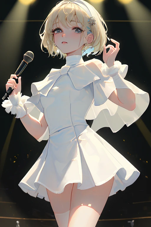 a beautiful young anime girl with a blonde and half black 1950s style haircut wearing a white 1950s vintage dress, white gloves, futuristic retro style background, warm colors, intricate details, highly detailed, vivid colors