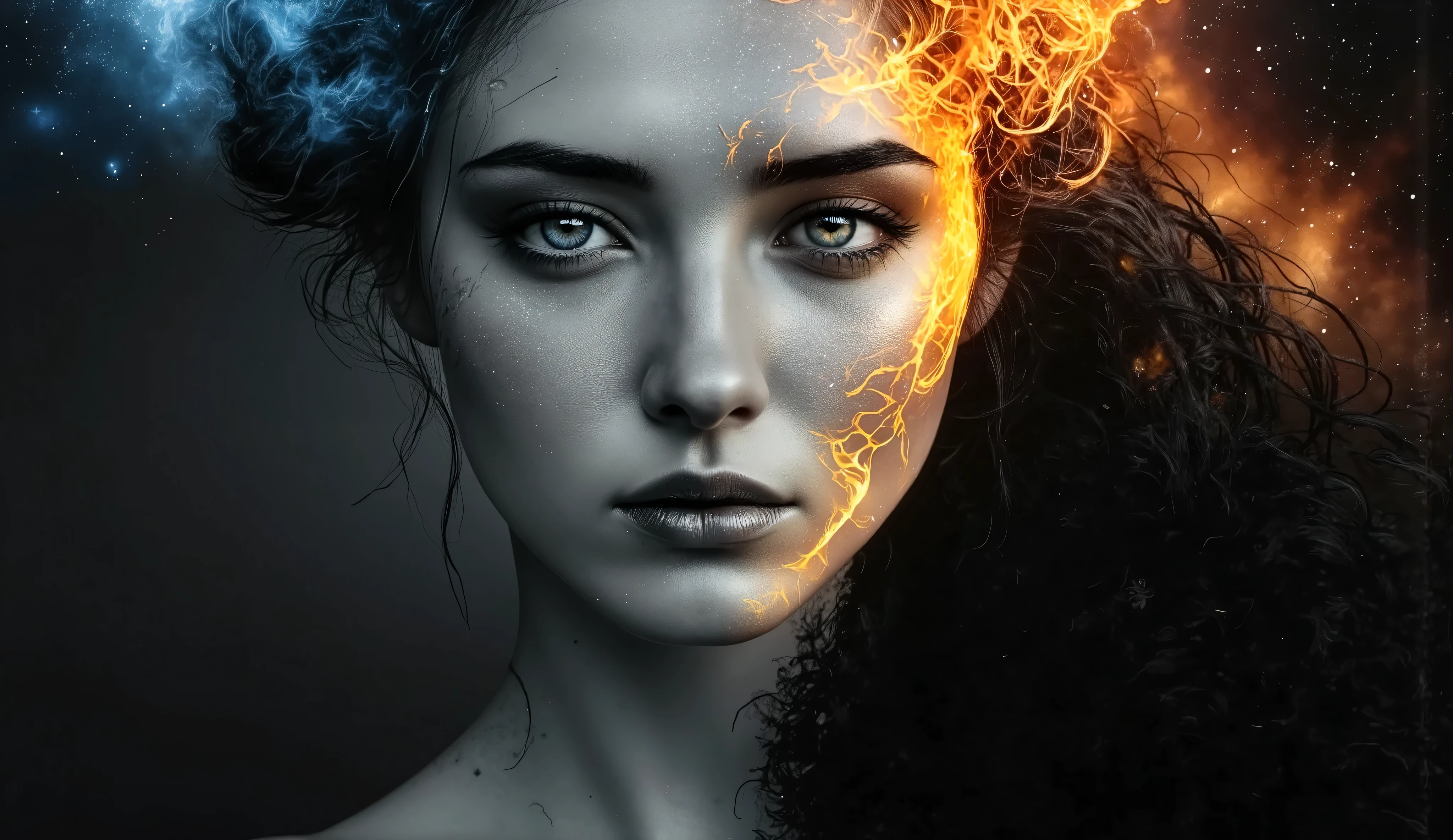 dreamy double exposure watercolor portrait, beautiful woman's face partially formed by cosmic elements, her hair seamlessly transitioning into spiral galaxies and stellar clouds, soft pastel colors mixed with deep space blues and purples, ethereal atmospheric painting