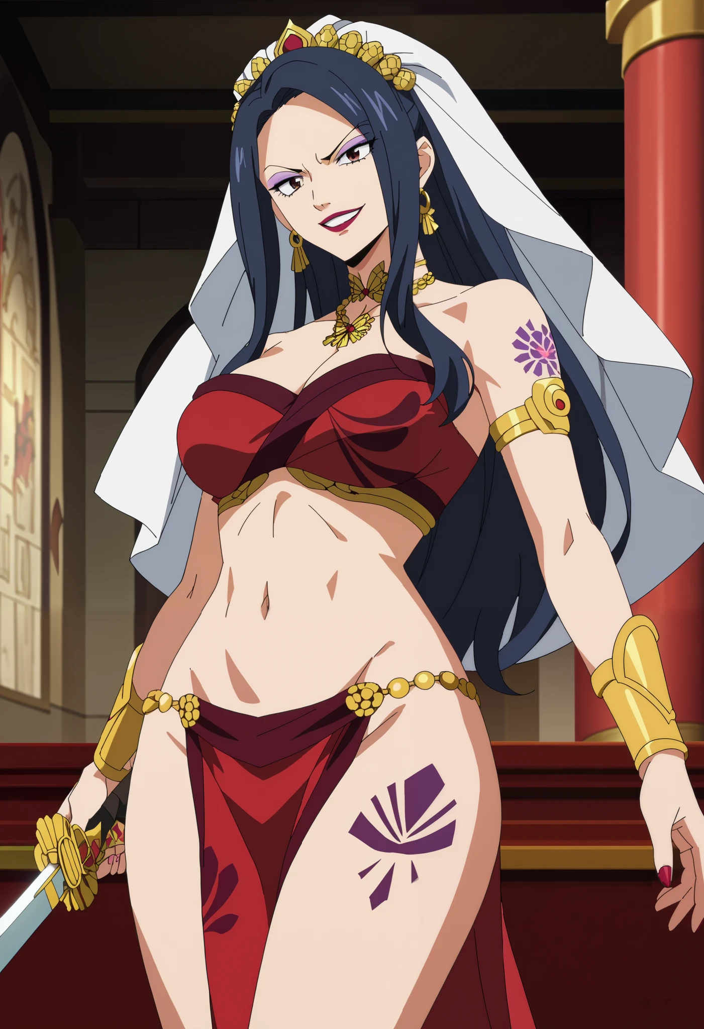 score_6_up, score_5_up, score_4_up, score_9, score_8_up, score_7_up, highly detailed, anime_source, anime_screencap, anime coloring, 1girl, solo, breasts, black hair, long hair, straight hair, brown eyes, jewelry, makeup, lipstick, eyeshadow, kurenai_kogetsu, , ear piercing, long hair, serious, lipstick,Hot girl, baddie, , sensual, attractive ,castle,inside castle, masterpiece, best quality, highly detailed ,gold_choker, complex detailed
background, inside, holding a sword, sword,harem_outfit,navel, necklace,
pelvic_curtain,revealing_clothes, veil,masterpiece,best quality,1girl,mature,evil smile, smile,
female,mature,necklace,pendant, (nsfw) not safe for work, exposed belly, exposed navel, exposed
midriff, exposed lower belly, open mouth, , dragon tattoo, narrowed eyes, tattoo midriff,
