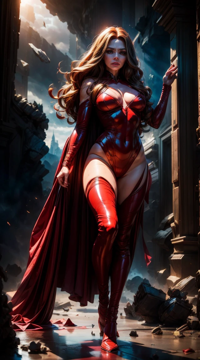 20 years old French lady, ((full body)), ((nude)), heavily armored in black with a long deep red cape, beautiful chest, standing in the battle field, with her legs spread apart, zoom in from front below