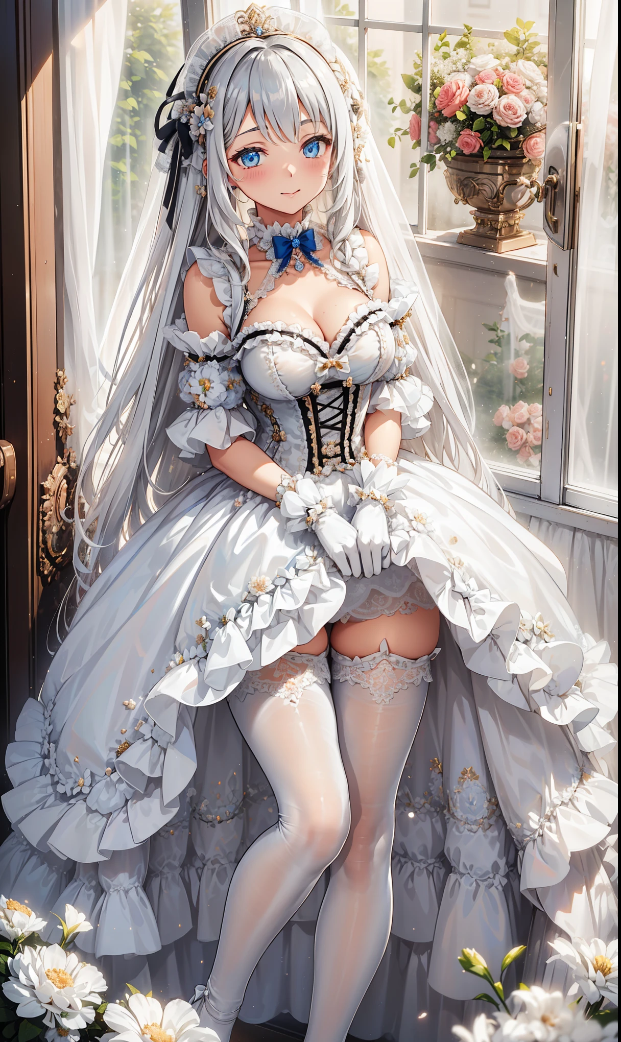 milkshake ,Attractions, Have Fun ,in love,( girl in white modern shirt 、 dress and pantyhose :1.2),( white ruffle bow gloves ), Silver Hair , golden eyes,Sacred headdress, transparent lace , Gorgeous Dress , alone,European bedroom,(night:1.1),Delicate and beautiful face ,Lolita,Flowers on clothes, colorful flowers
