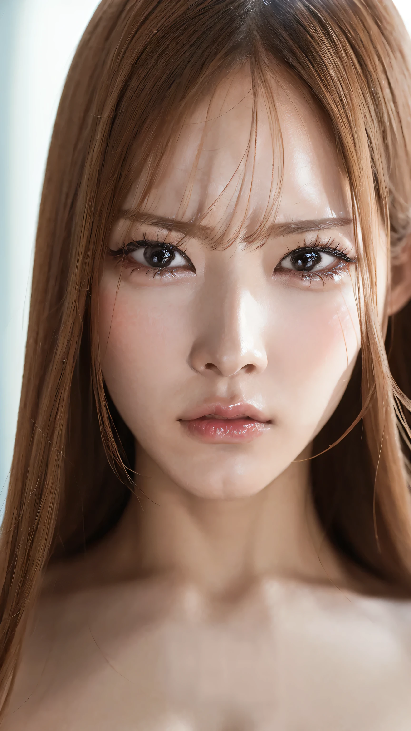 face zoom at close range、 high quality close-up 、 showing her face from the front 、 VERY REALISTIC SKIN 、 very attractive woman 、 Angry woman 、 An angry and raised eyebrow 、 she's staring at us 、 Very angry look 、 、 completely naked、 、I'm naked 。 . . The background is simple