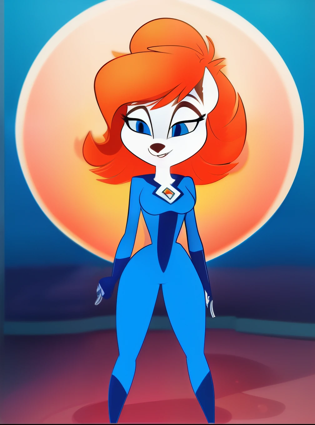 An animated medium shot of Cameron, a superhero with short, orange hair. She has vibrant red hair, large blue eyes. Cameron is dressed in a blue suit with a white emblem on the chest. Full body view. Standing, by vivzmind, (best quality, masterpiece:1), detailed,