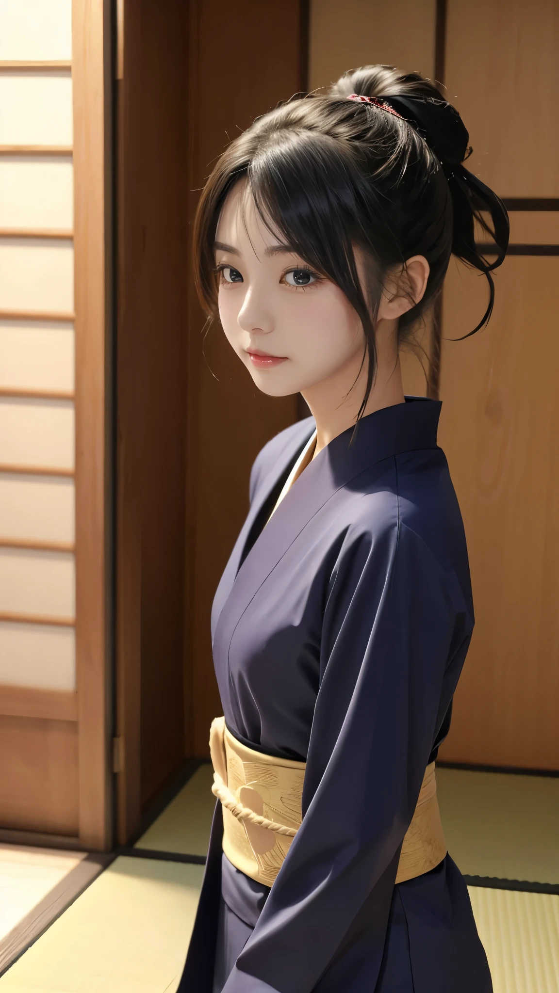 Beautiful Japanese Ninja Girl 、Mid-s、Cute Japanese Idol、do not' Doesn't Look Korean 、There are no Korean characteristics 、Unlike the Chinese、 No Chinese character 、 Live Action 、 film art style, Cinematic Light , Lomography 、 short wolf cut hair 、 Athletes、I'm training and I'Meter thin、 sexy smile、((I can see very small breasts))、nsfw、Immerse yourself in a world of lust and lasciviousness、 Very Tight Tiny Tube Tops 、 sexy model pose with legs spread out、 female ninja in quest、Japanese Naginata、autumn leaves、Ninja costumes 、Protected by scaly metal strips 。、 Assassin、( detailed hands:1.3, perfect right hand:1.2), ( stare at the viewer)、(( beautiful body line ))