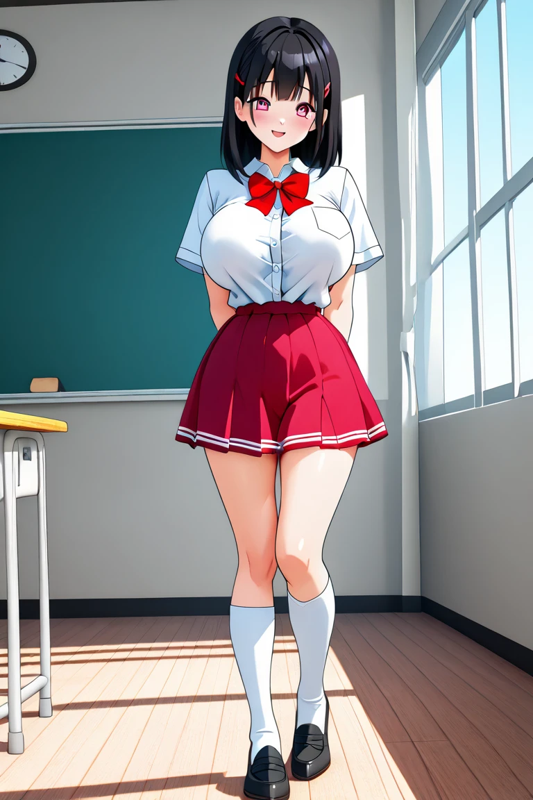 high school girl uniform White blouse Red checked mini skirt Black Hair Shortcuts hair band Big Breasts
