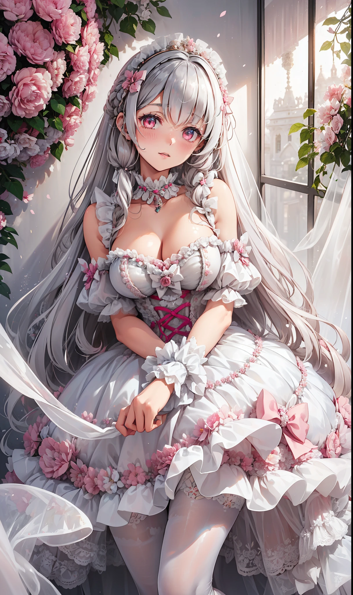 milkshake ,Attractions, Have Fun ,in love,( girl in white modern shirt 、 dress and pantyhose :1.2),( pink transparent ruffle bow gloves ), Silver Hair ,Few pink stripes and cloth, golden eyes,Sacred headdress, transparent lace , Gorgeous Dress , alone,European bedroom,(night:1.1),Delicate and beautiful face ,ta,Flowers on clothes, colorful flowers