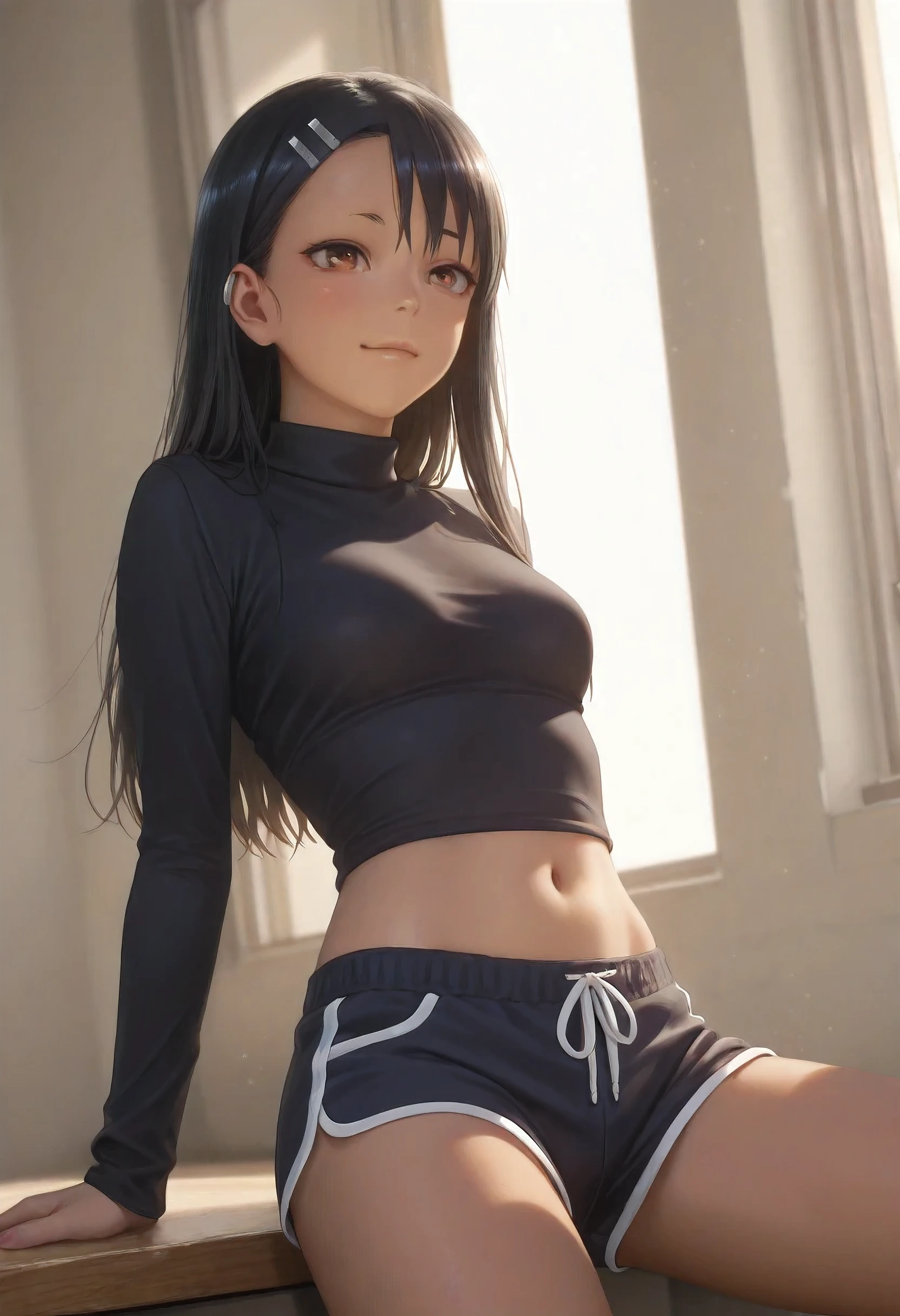 1girl, nagatoro, medium_breasts, black_top, modern_clothes, short_shorts, detailed_face, beautiful_eyes, long_eyelashes, realistic, photorealistic, 8k, high_quality, masterpiece, vibrant_colors, soft_lighting, daylight, studio_lighting