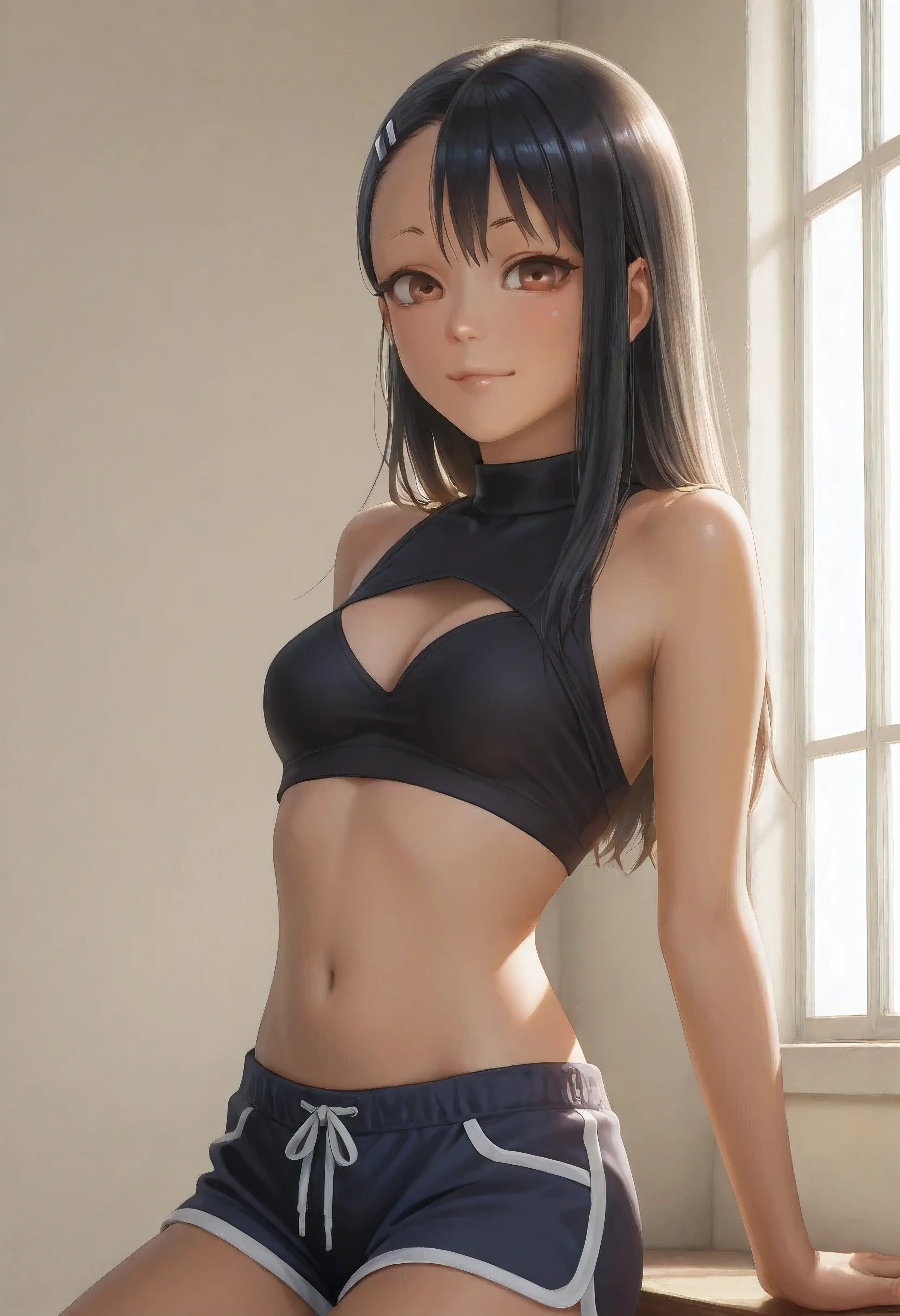 1girl, nagatoro, medium_breasts, black_top, modern_clothes, short_shorts, detailed_face, beautiful_eyes, long_eyelashes, realistic, photorealistic, 8k, high_quality, masterpiece, vibrant_colors, soft_lighting, daylight, studio_lighting