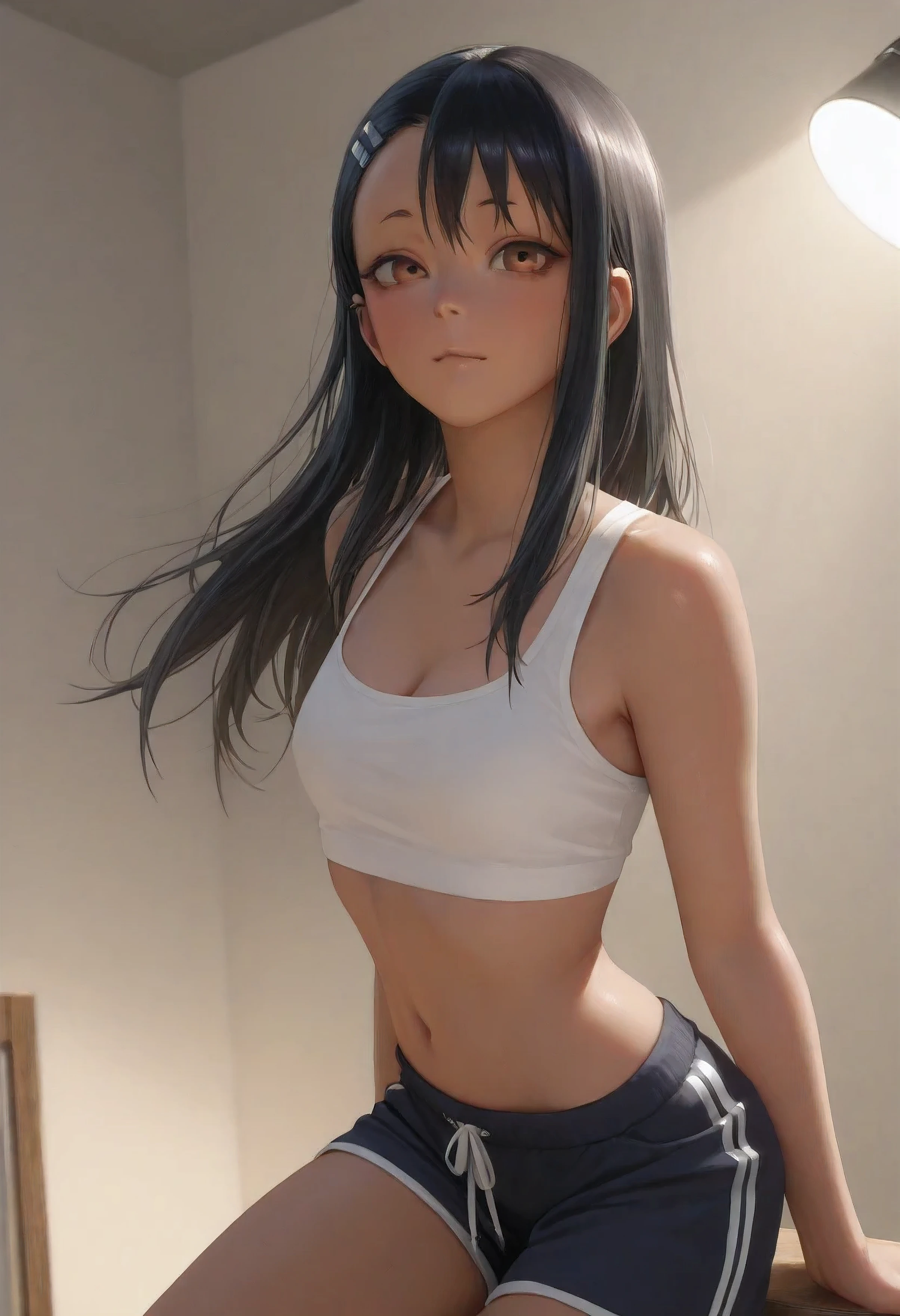 1girl,detailed face,detailed physique,18yearold,nagatoro,mediumsizedbreasts,blackthintop,shorttornshorts,beautifuldetailedlips,beautifuldetailedeyes,extremelydetailedeyesandface,longeyelashes,photorealistic,4k,8k,highres,masterpiece:1.2,ultra-detailed,realistic,photorealistic:1.37,studio lighting,ultra-fine painting,sharp focus,vivid colors,portriat