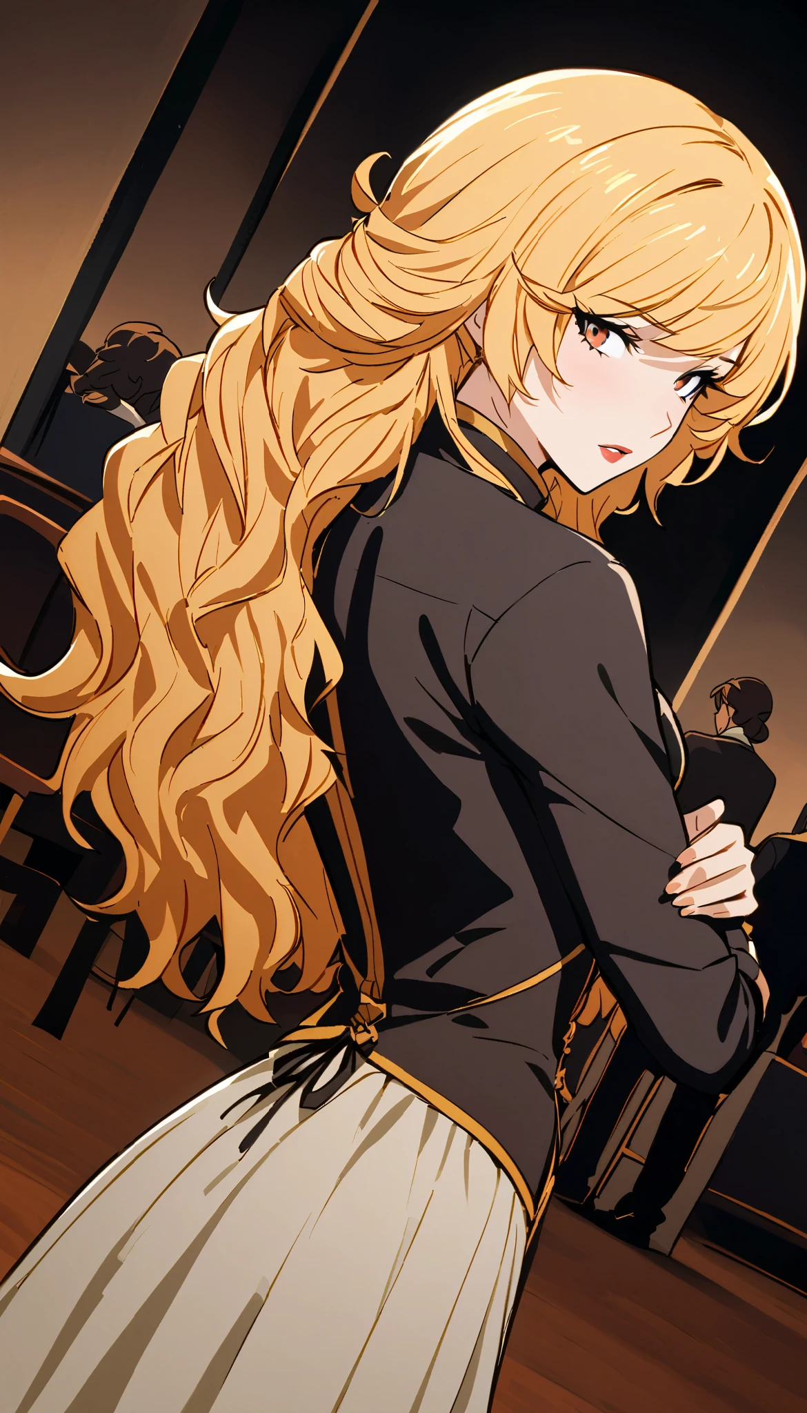 vintage movie, girl, wavy blonde hair, woman body, big boss, meeting room, dark background around, focus on the character, dutch angle, from back
, yang xiao long from rwby