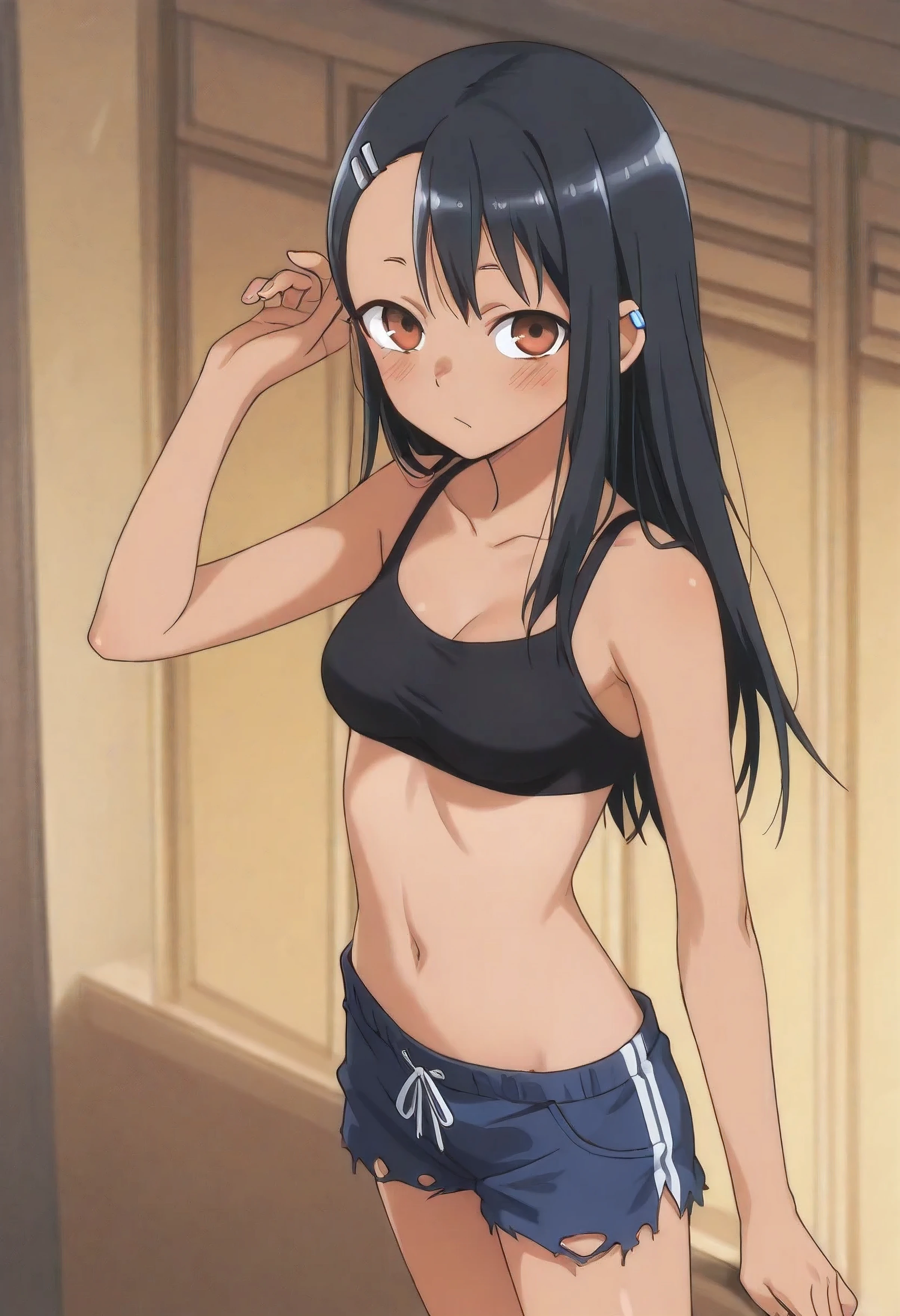 1 girl, detailed physique, 18 years old, nagatoro, medium sized breasts, black thin top, short torn shorts,