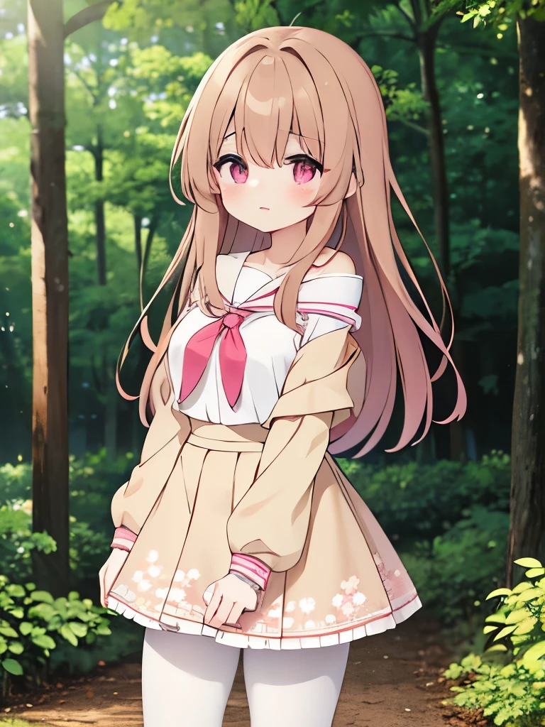 1animegirl, medium brown floral hair, pink eyes, precious thighs, wearing a white sailor uniform, off-shoulder, beige skirt, white spendex leggings, standing in the middle of a forest, tired, cute, absurdres, high res, ultrasharp, 8K, masterpiece,