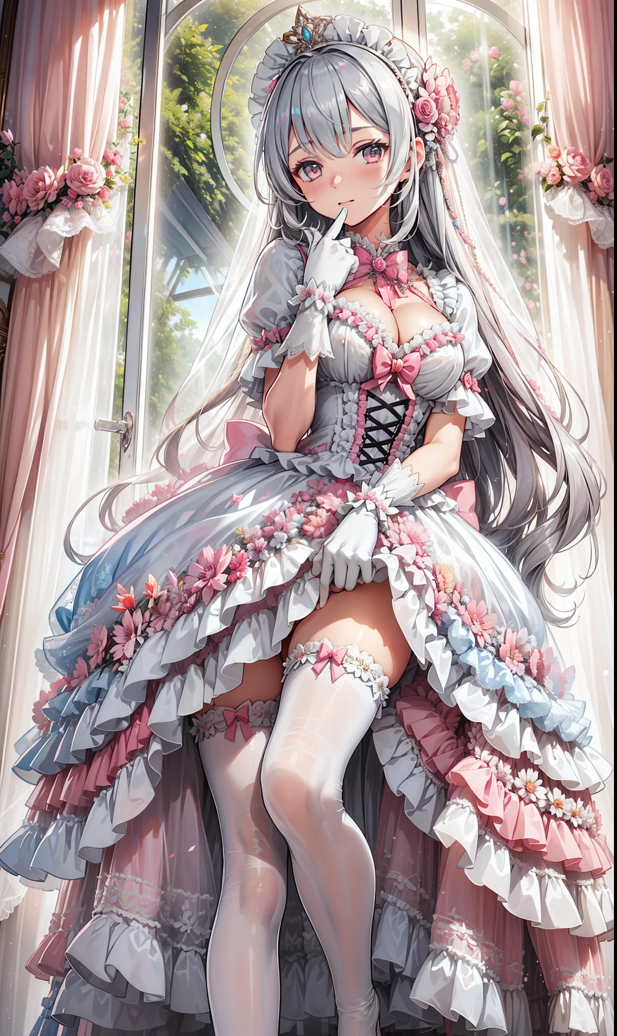 milkshake ，Attractions，  Have Fun  ，in love，( girl in white modern shirt 、 dress and pantyhose :1.2)，(  pink transparent ruffle bow gloves  )， Silver Hair ，Few pink stripes and cloth，  golden eyes，Sacred headdress，  transparent lace  ， Gorgeous Dress  ，  alone，European bedroom，(night:1.1)，Delicate and beautiful face  ，Lolita，Flowers on clothes ， colorful flowers