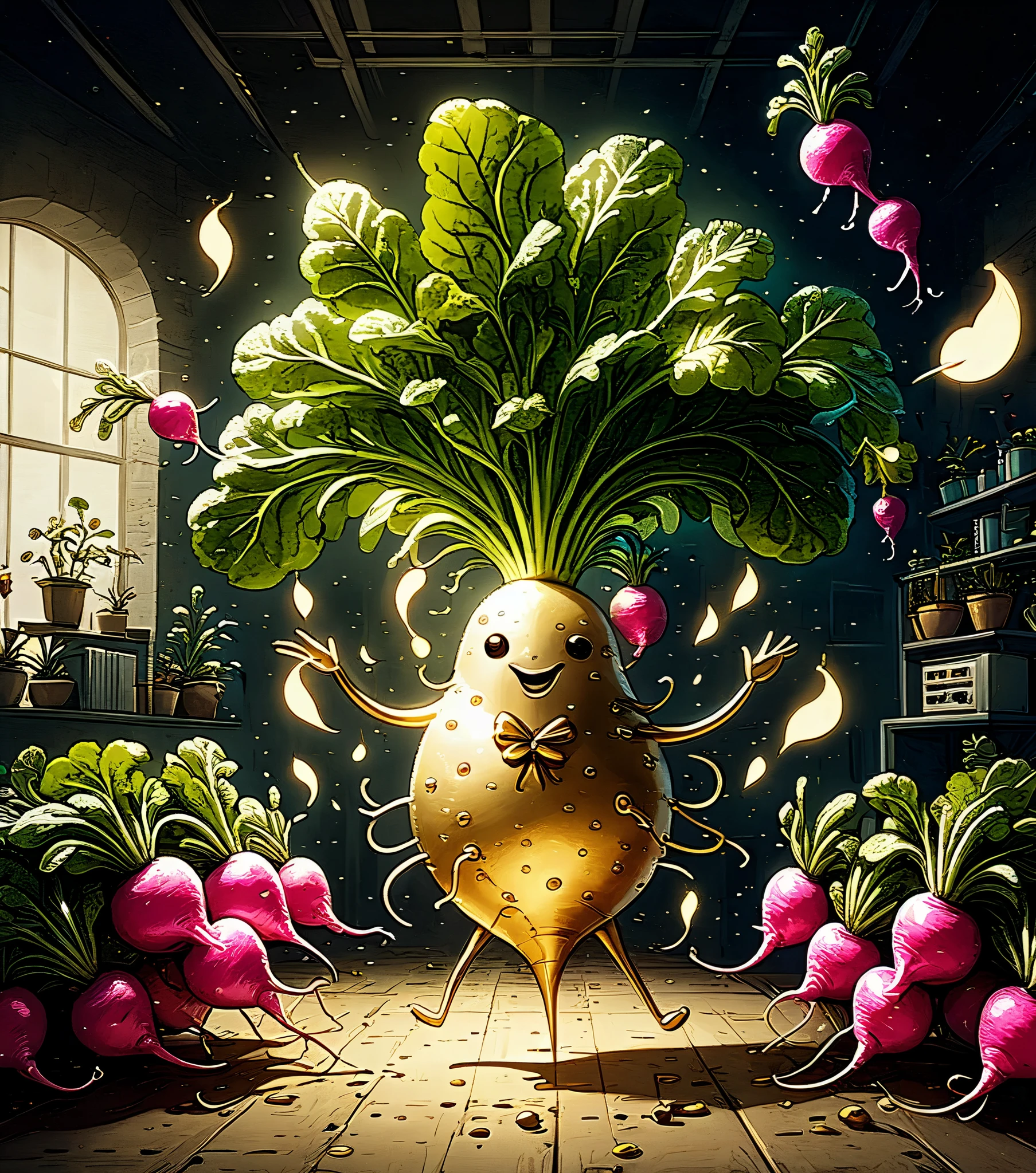 Unknown laboratory, illustration of a vast underground plant laboratory, anthropomorphic radishes dancing happily. (Golden musical note marks flying around the radishes: 1.5), high contrast, glittering, shining, elegant, (mysterious atmosphere), vivid contrast, precise details, high details, shining contours, precision, high quality oil painting, amazingly beautiful touch rendering,