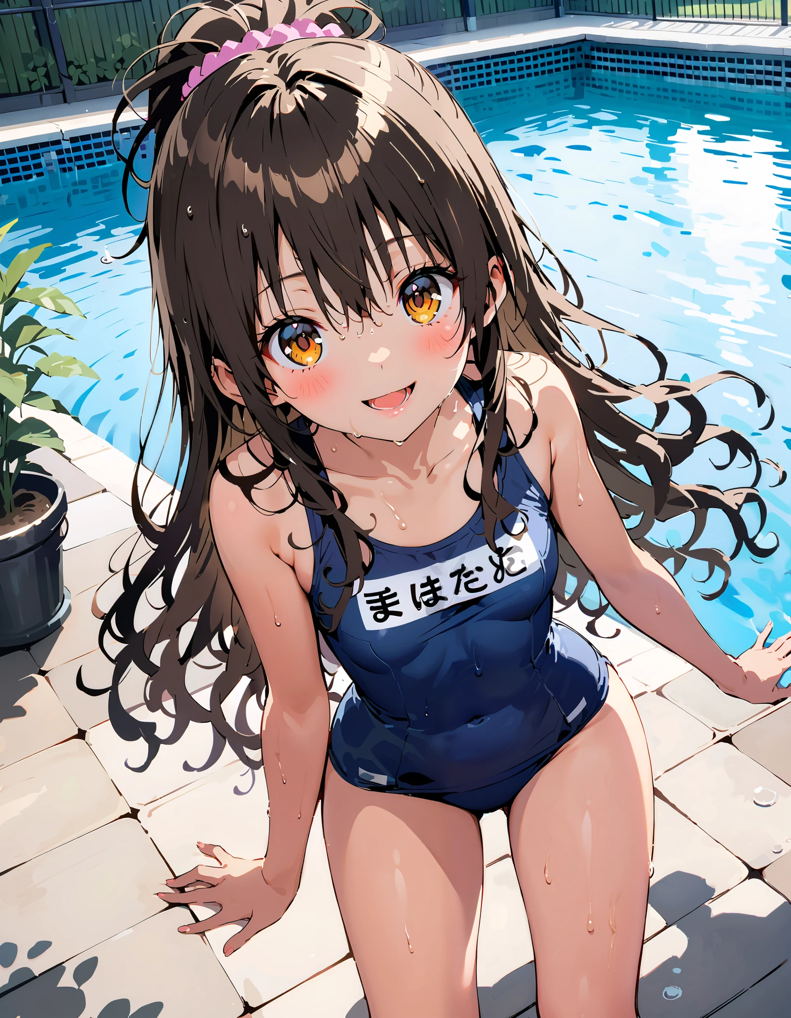 to follow, Yuki mandarin orange, Alone, brown eyes, brown hair, hair scrunchy, long hair, pink scrunchies, scrunchie , smile,blush, open your mouth, long hair, tan, school swimsuit,Bare legs, wet swimsuit , wet skin, wet hair, small tits, standing,whole bodyがイラストに入るように,
break outdoors, pool,
break looking at viewer,whole body,
break ( Masterpiece:1.2), top quality , kampala, Unity 8k Wallpaper,(shape:0.8),( fine, beautiful eyes :1.6),It's a person ,whole body写真,CG Details , ( perfect hands, Complete Anatomy),