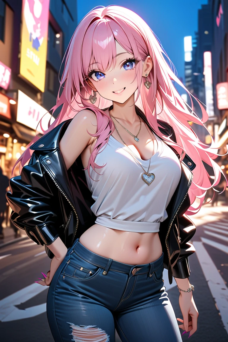 女の子1人、Pink hair、Medium Hair、fluffy and soft hair、I'm wearing the hood of a hoodie....、Pink eyes、The hoodie has a ribbon on the hood.、undergarment、cleavage of the breast、Very large breasts、Navel Ejection、Enchanted breasts、Enchanted thighs、bow ribbon、Tongue licking、A smile、bending forward、Neon Street、nightcity、Neon light、a moon、a choker、top-quality、masutepiece、Very big