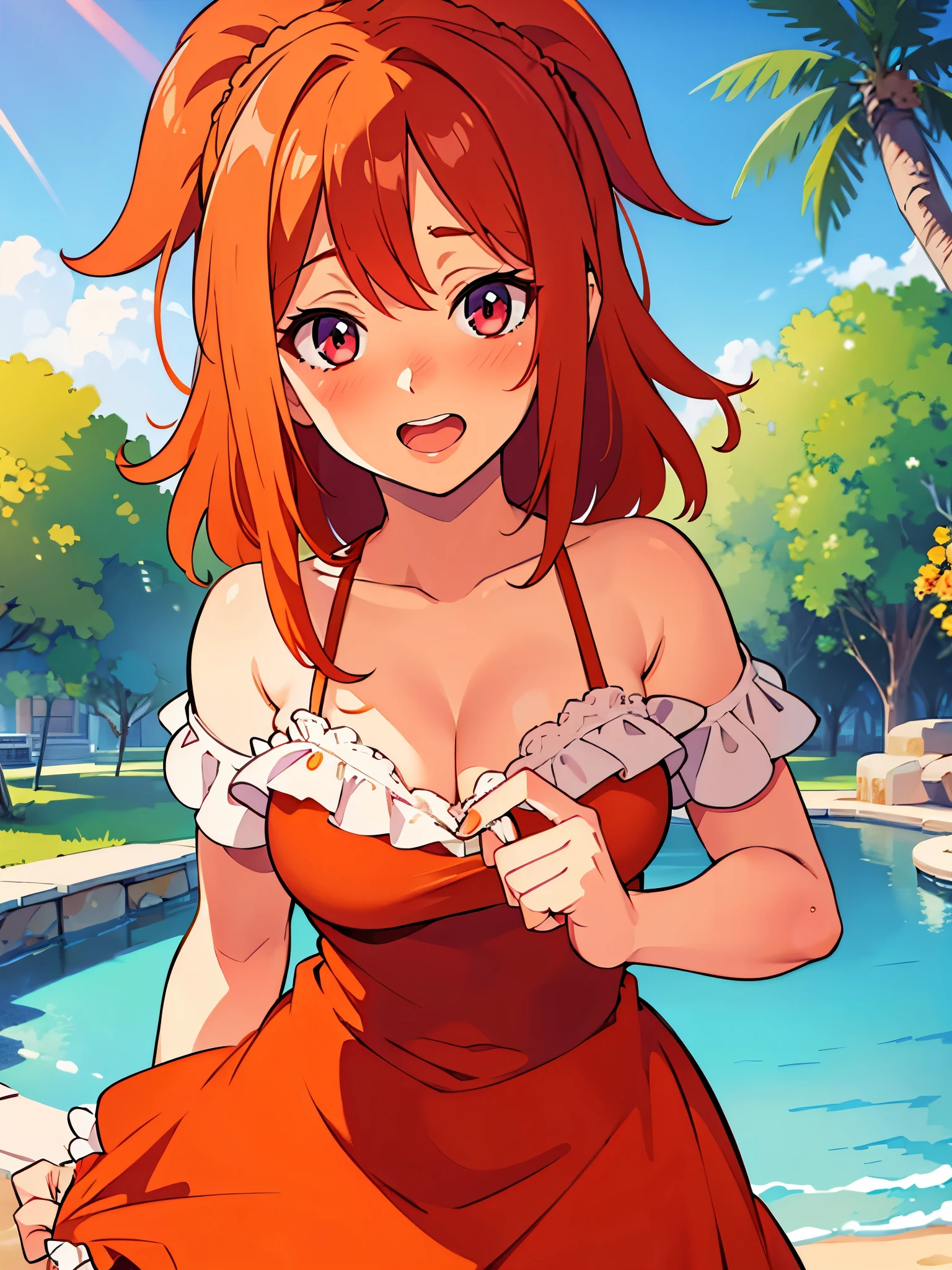 (embarrassed), red hair, orange hair, WeriArt Style, 1girl, blush, upper body, highly detailed eyes, hires, collarbone, frilled dress, open mouth