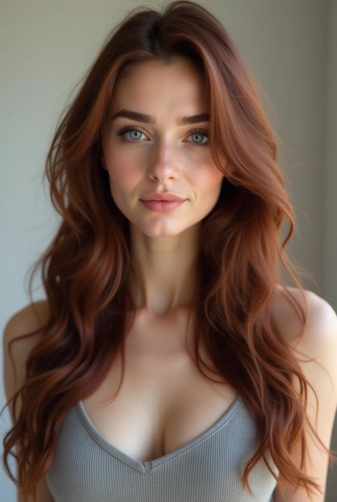 A stunning portrait of a beautiful red-haired woman, viewed from the front. Her face is framed by soft, flowing locks of hair that cascade down her shoulders. Her delicate features are accentuated by the gentle light that falls on her face, highlighting the curve of her cheekbones and the arch of her eyebrows. Her eyes are a deep shade of green, with a hint of mischief and playfulness in them. The corners of her lips are slightly upturned, giving her a subtle smile that adds to her charm. The skin on her face is smooth and flawless, with a natural glow that radiates from within.