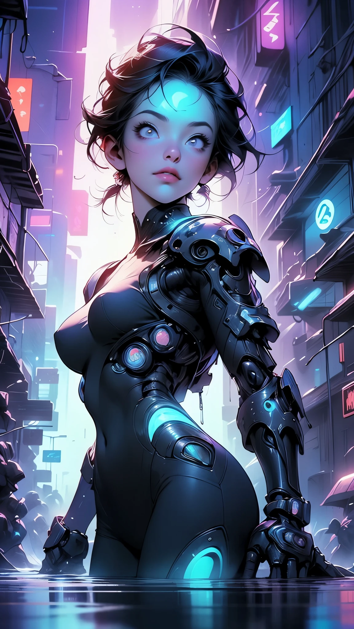 highres, masterpiece, perfect lighting, bloom, cinematic lighting, adult, female, looking off camera, cowboy shot, dynamic action pose, (RSEEmma:1.5),<lora:RSERomantic_RSESofiko_RSEEmma-v1:0.3> edgMechagirl, wearing edgMechaGirl cyber armor, intricate exoskeleton armor, pink glowing accents, blunt bangs, black hair:pink hair, messy mid ponytail, green eyes, thick eyebrows, freckles, full lips, <lora:edgMechagirl1:0.8> futuristic cityscape, dystopian landscape, sprawling metropolis, distant planet