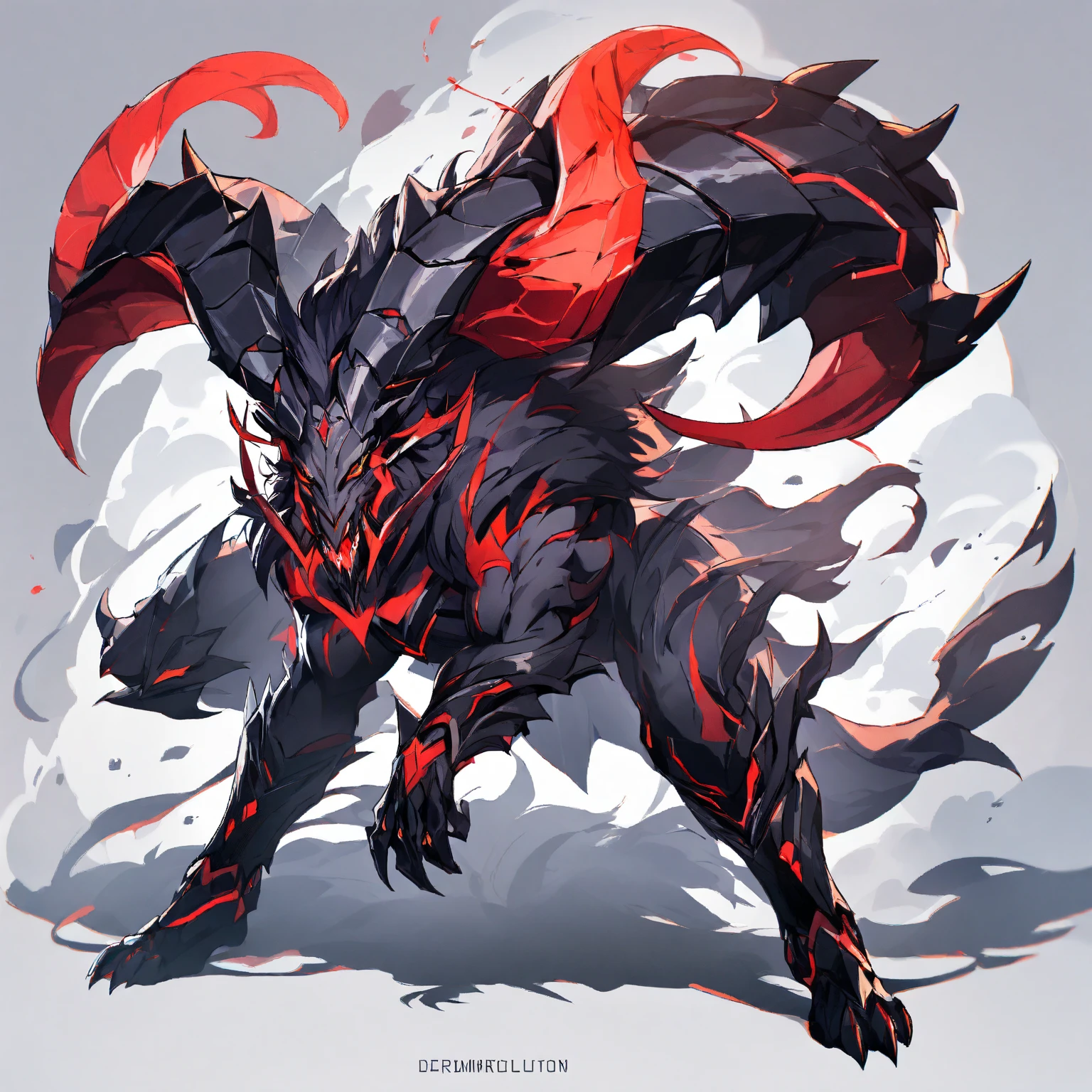 animal giant bat with spread wings with spiked rodent tail black fur red eyes open mouth spikes on the back with many fangs forest background