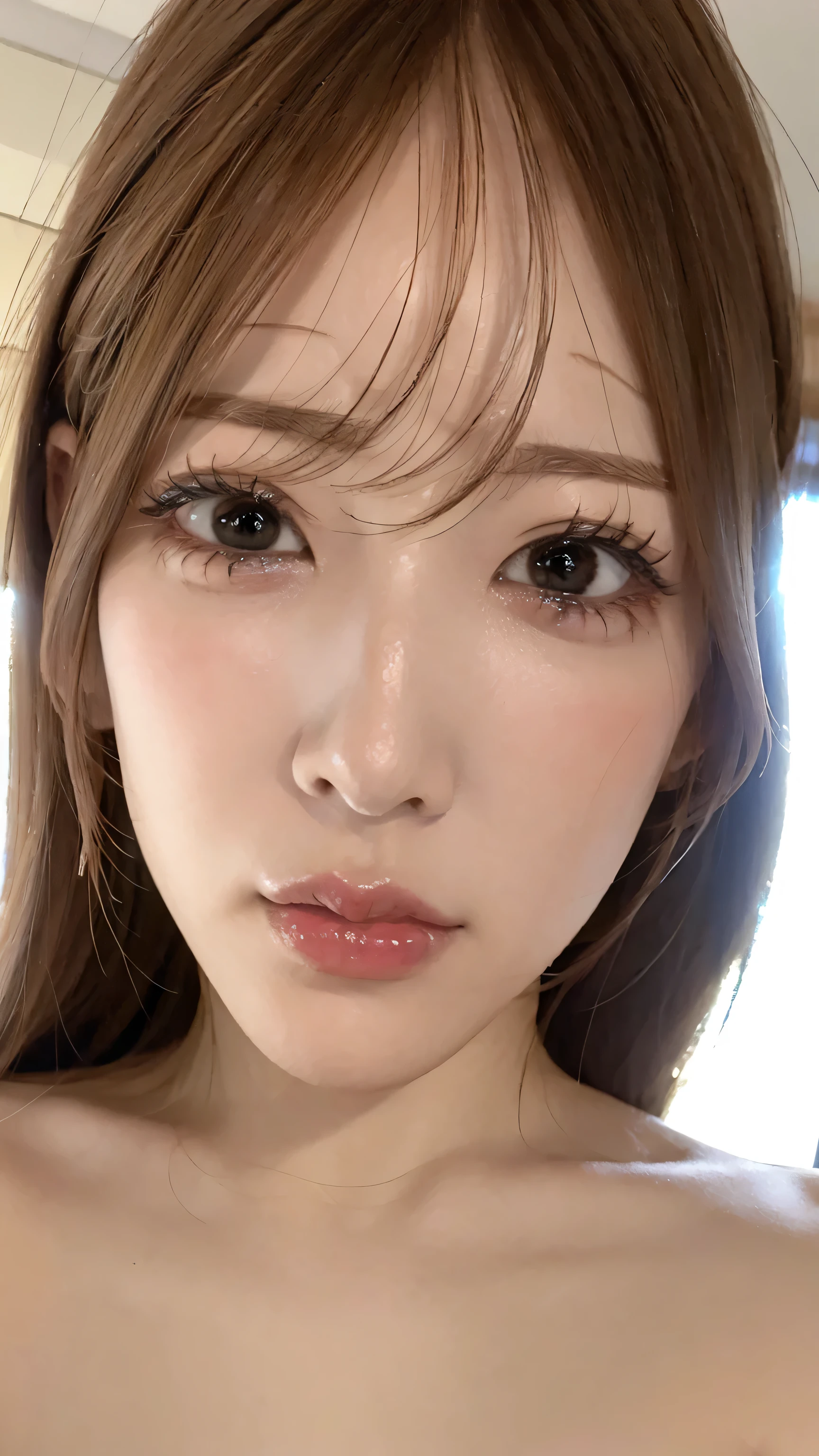 Our eyes meet、 Staring at us Her nostrils are wide open 、 I'm showing her nostrils here 、 She looks down at me 。 close-up of a face facing the front 、Angry woman 、 An angry raised eyebrow 、 She's staring into our eyes 、 Open your mouth and get angry 、 She's completely naked and has big boobs . . The background is simple , face up from the front