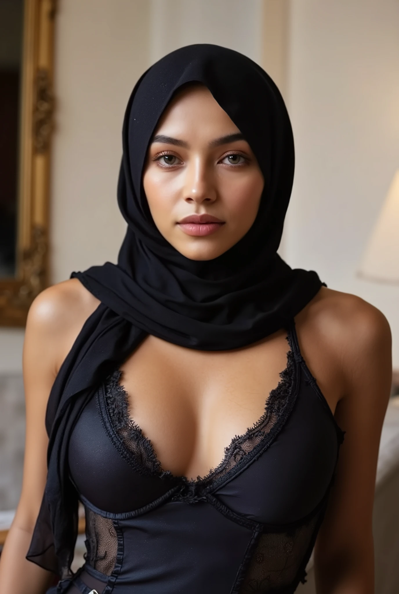 malaysian lady 18 years old, ((hijab)) wear hijab, natural, no make up, detailed on face, tight lingerie, very tight dress, realistic photo, serious face, model, hotel room, full body, big breast, hijab, sitting on sofa, ultra big breast, exotic skin, potrait, low loght, dark, face front