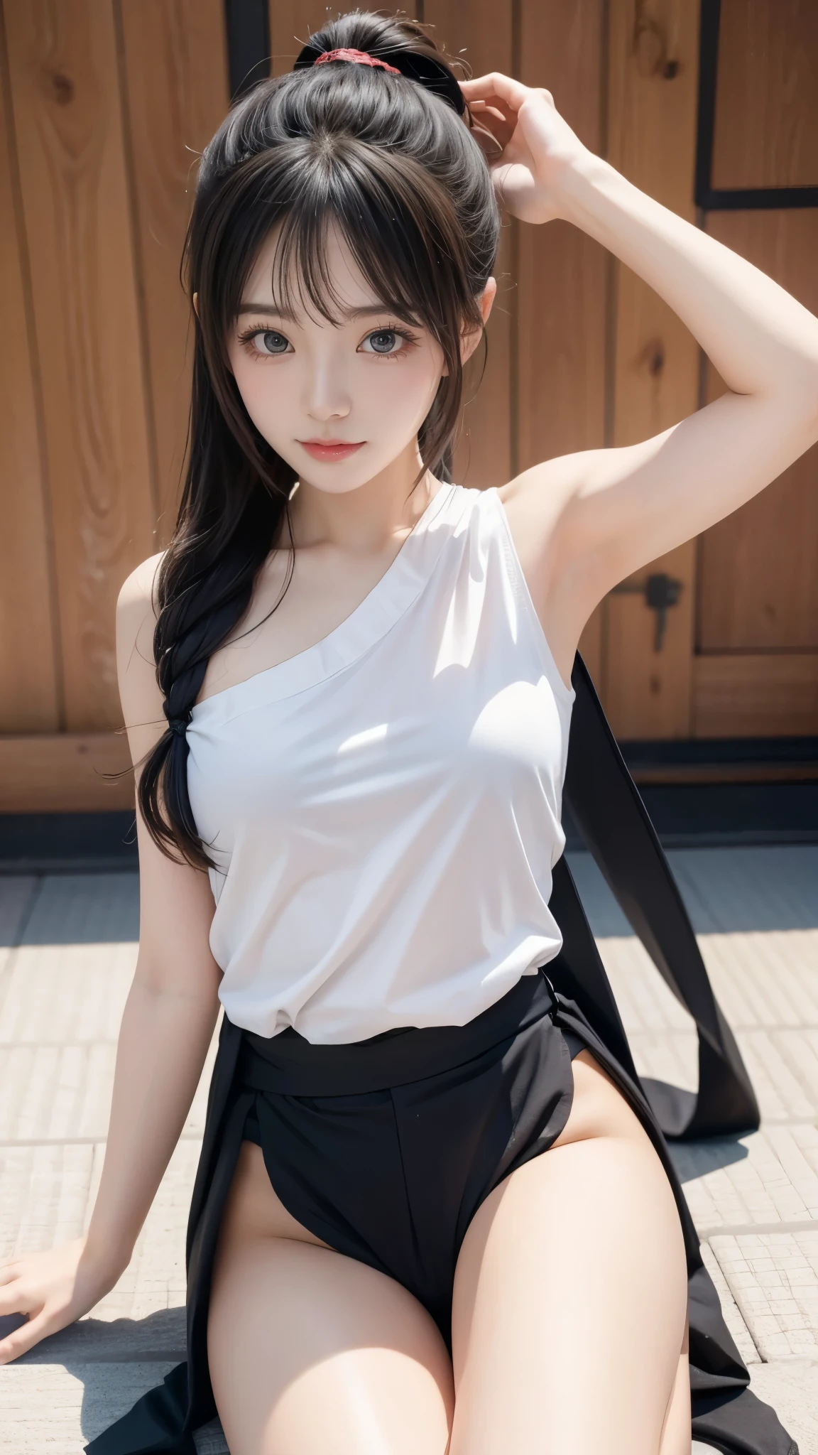 Beautiful Japanese Ninja Girl 、Mid-teens、Cute Japanese idol、do not' Doesn't Look Korean 、There are no Korean characteristics 、Unlike the Chinese、 No Chinese character 、 Live Action 、 film art style, Cinematic Light , Lomography 、 short wolf cut hair 、 Athletes、I'm training and I'Meter thin、 sexy smile、 short hair、 very big breasts、 saggy breasts、( accentuated chest ), nsfw、Immerse yourself in a world of lust and lasciviousness、 Very Tight Tiny Tube Tops 、( slender body line)、( sexy model pose with legs spread out)、 female ninja in quest、Japanese Naginata、autumn leaves、Ninja costumes 、Protected by scaly metal strips 。、 Assassin、( detailed hands:1.3、 perfect right hand:1.2)、 top quality、8k、 RAW photos 、 super high heels、 reality、 Masterpiece、(( Panchira))、( detailed hands:1.3, perfect right hand:1.2)、( detailed legs:1.3, thin thighs:1.3、 beautiful feet)