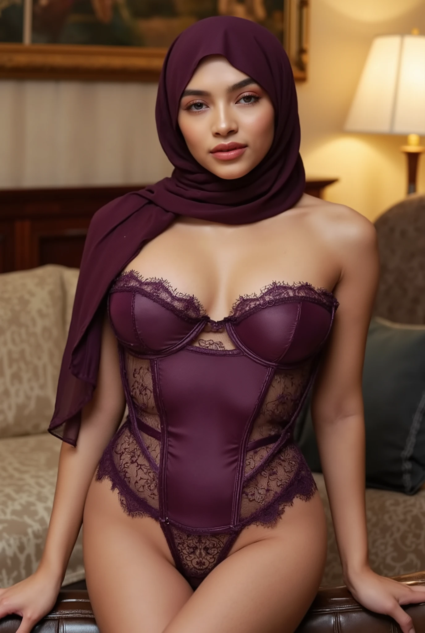 malaysian lady 18 years old, ((hijab)) wear hijab, natural, no make up, detailed on face, tight lingerie, very tight dress, realistic photo, serious face, model, hotel room, full body, big breast, hijab, sitting on sofa, ultra big breast, exotic skin, potrait, low loght, dark, face front