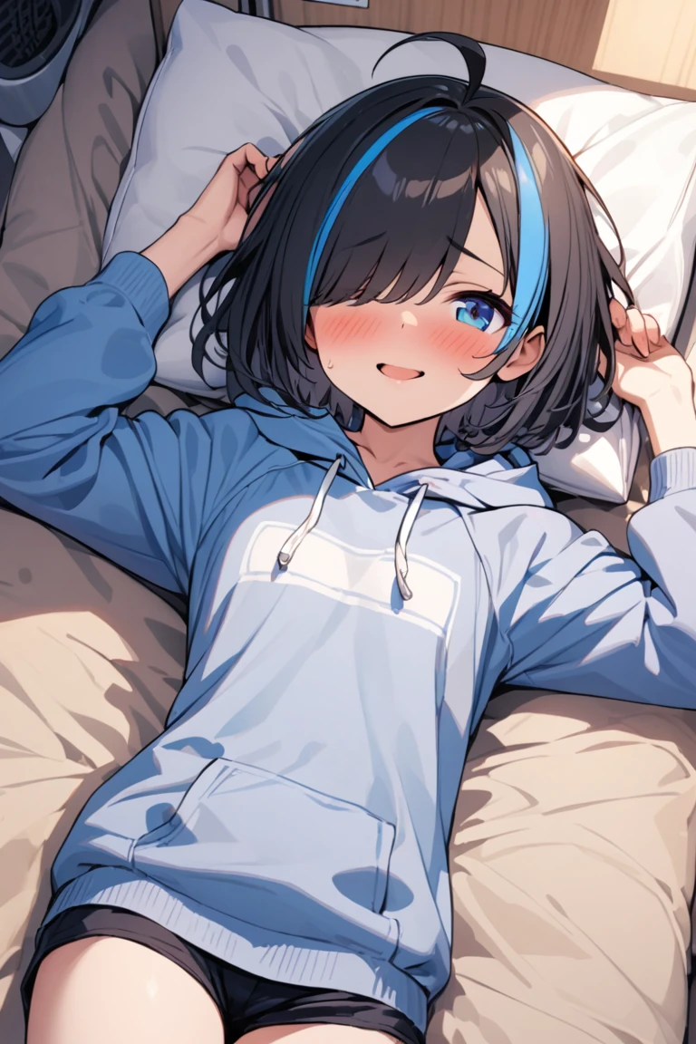 one girl, Oozora_Subaru, shirt, short pants, look at you, lying on bed, your girlfriend, make love with you, blush, girl love you, neat, off shoulder, blush